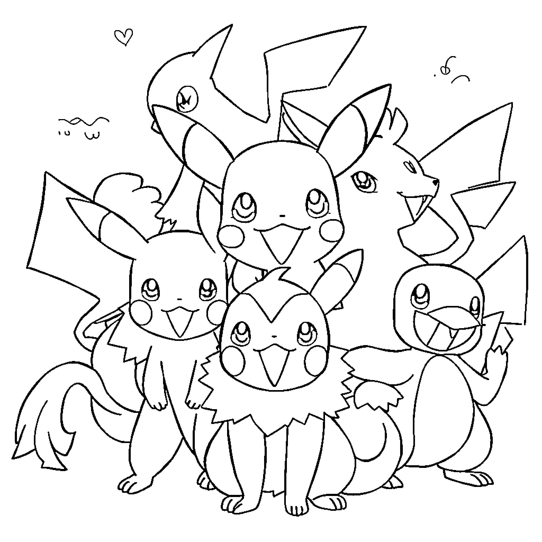 Pokémon characters posing and interacting Coloring Page (free black-and-white line drawing printable PDF for all, from beginners to advanced learners, including children, teens, adults, and seniors)