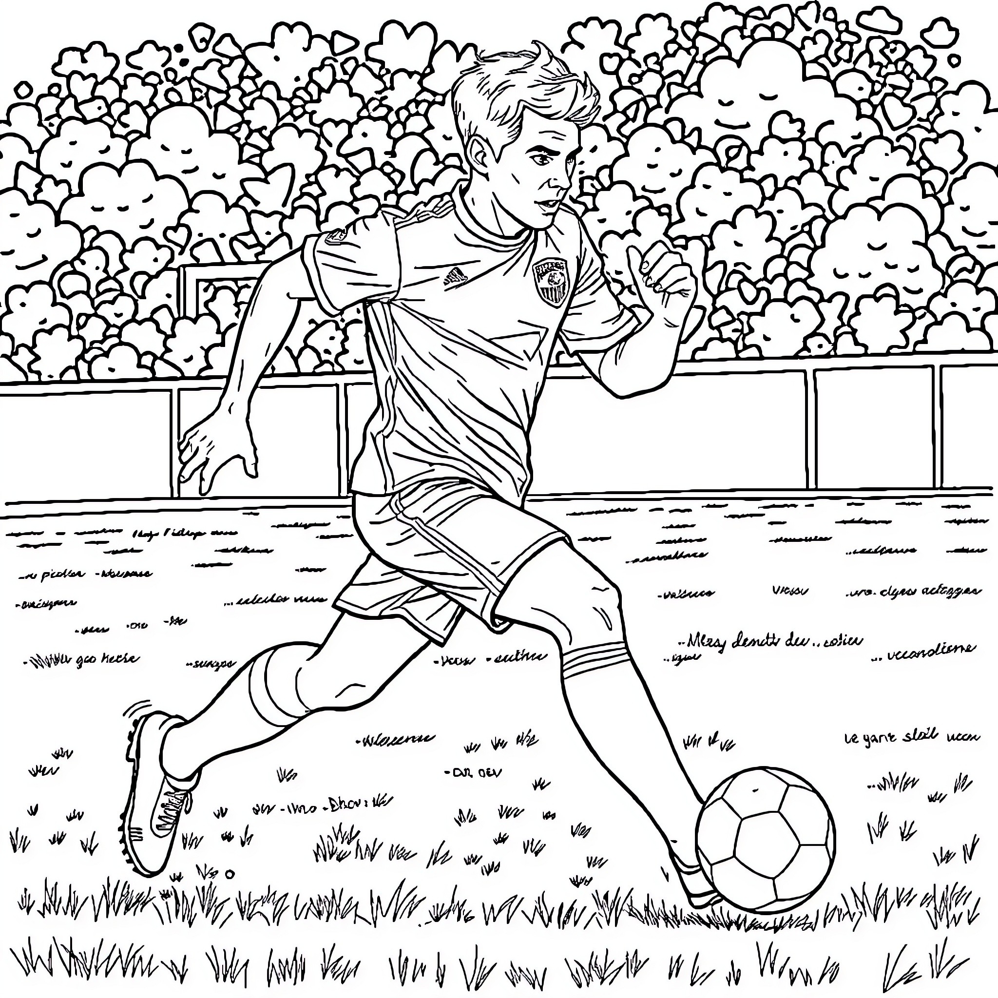 Futbolista playing soccer on the field Coloring Page (free black-and-white line drawing printable PDF for all, from beginners to advanced learners, including children, teens, adults, and seniors)