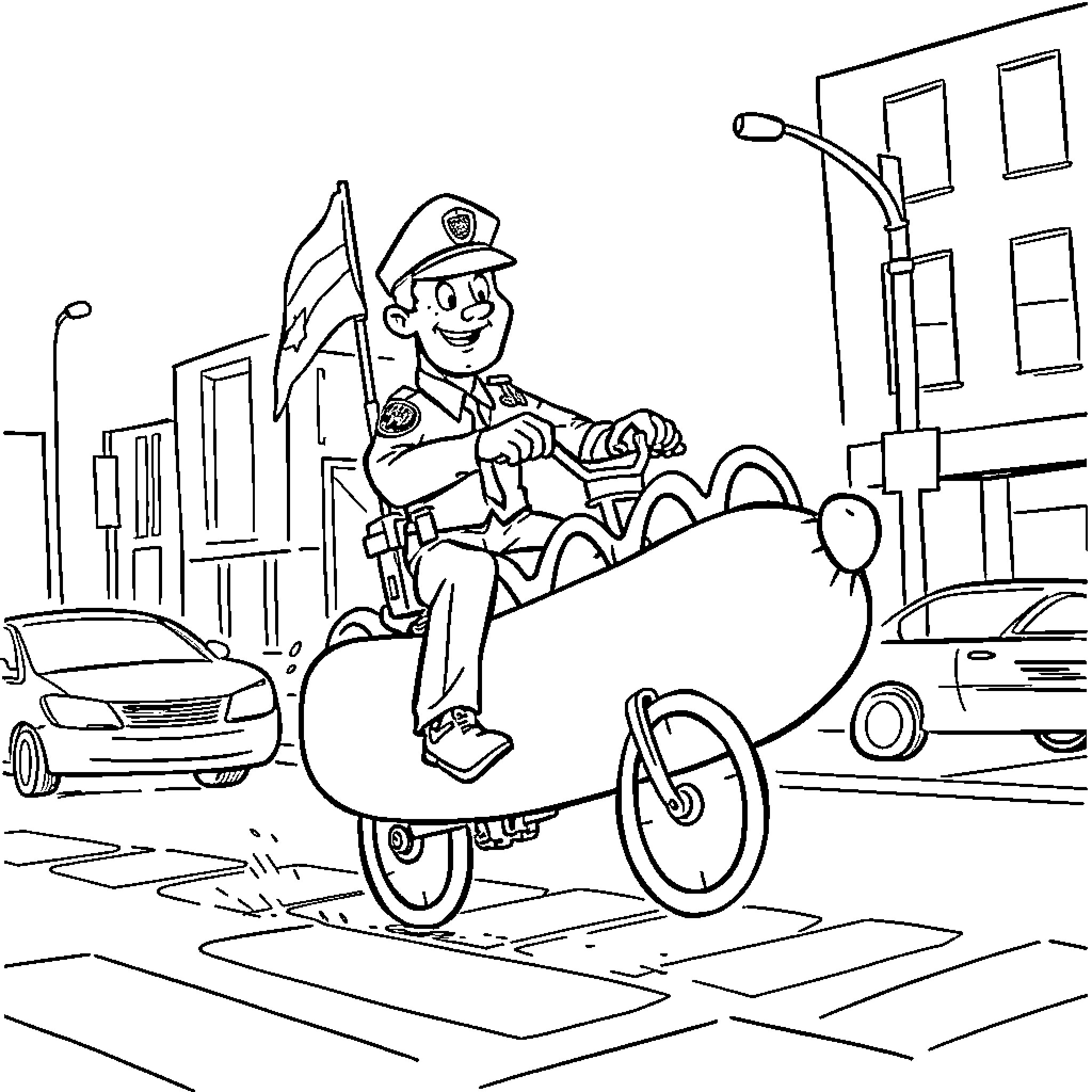 Cop riding unconventional vehicle on city street Coloring Page (free black-and-white line drawing printable PDF for all, from beginners to advanced learners, including children, teens, adults, and seniors)