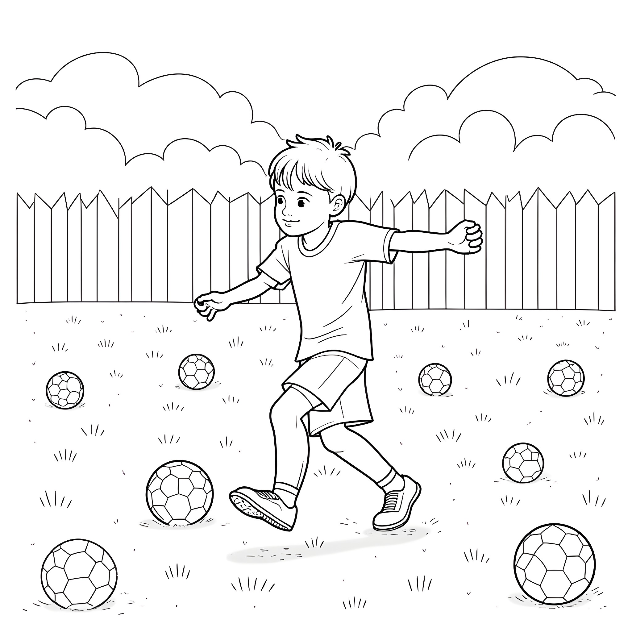 Boy playing soccer in the backyard Coloring Page (free black-and-white line drawing printable PDF for all, from beginners to advanced learners, including children, teens, adults, and seniors)