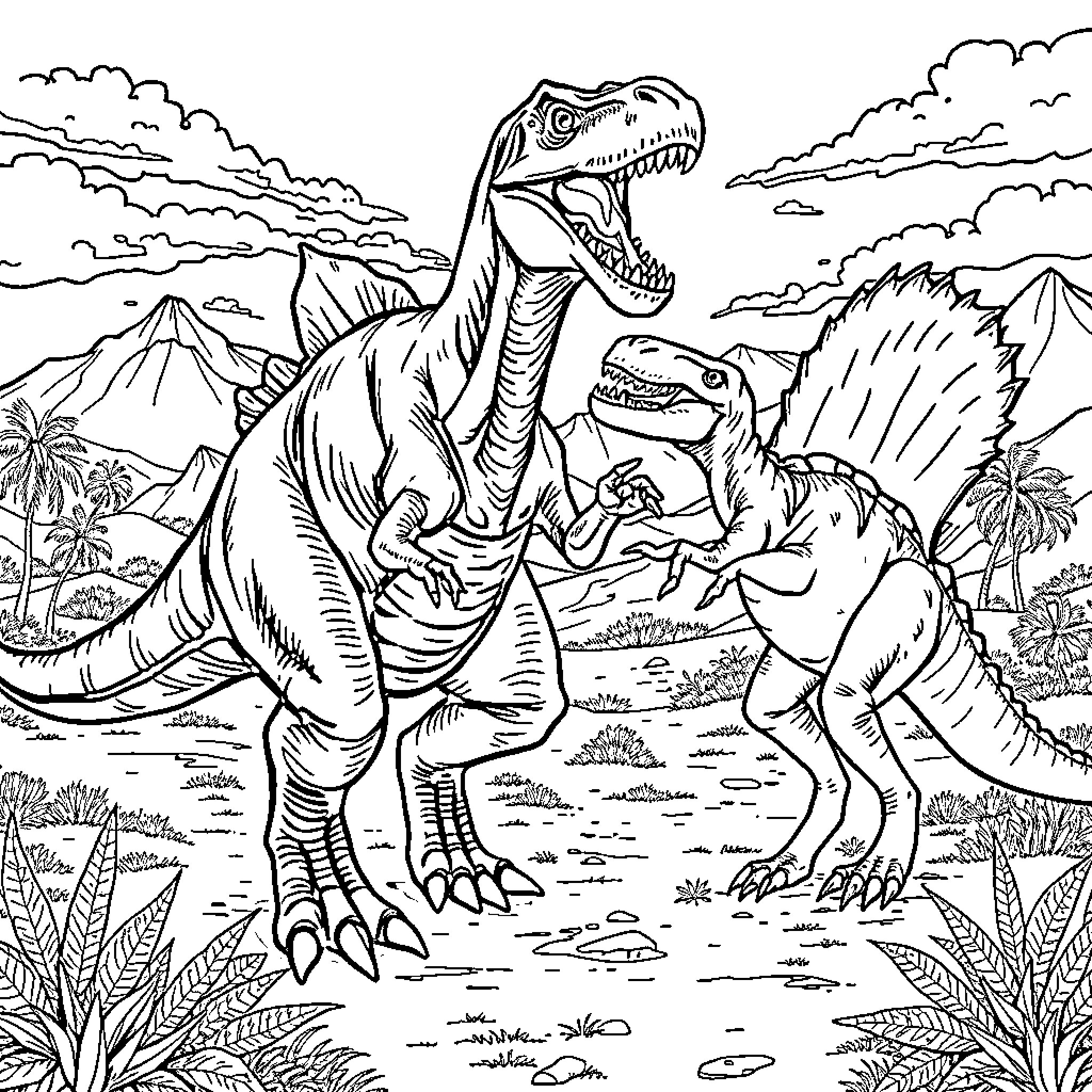 Dinosaur Roaring Dominance in Prehistoric Landscape Coloring Page (free black-and-white line drawing printable PDF for all, from beginners to advanced learners, including children, teens, adults, and seniors)