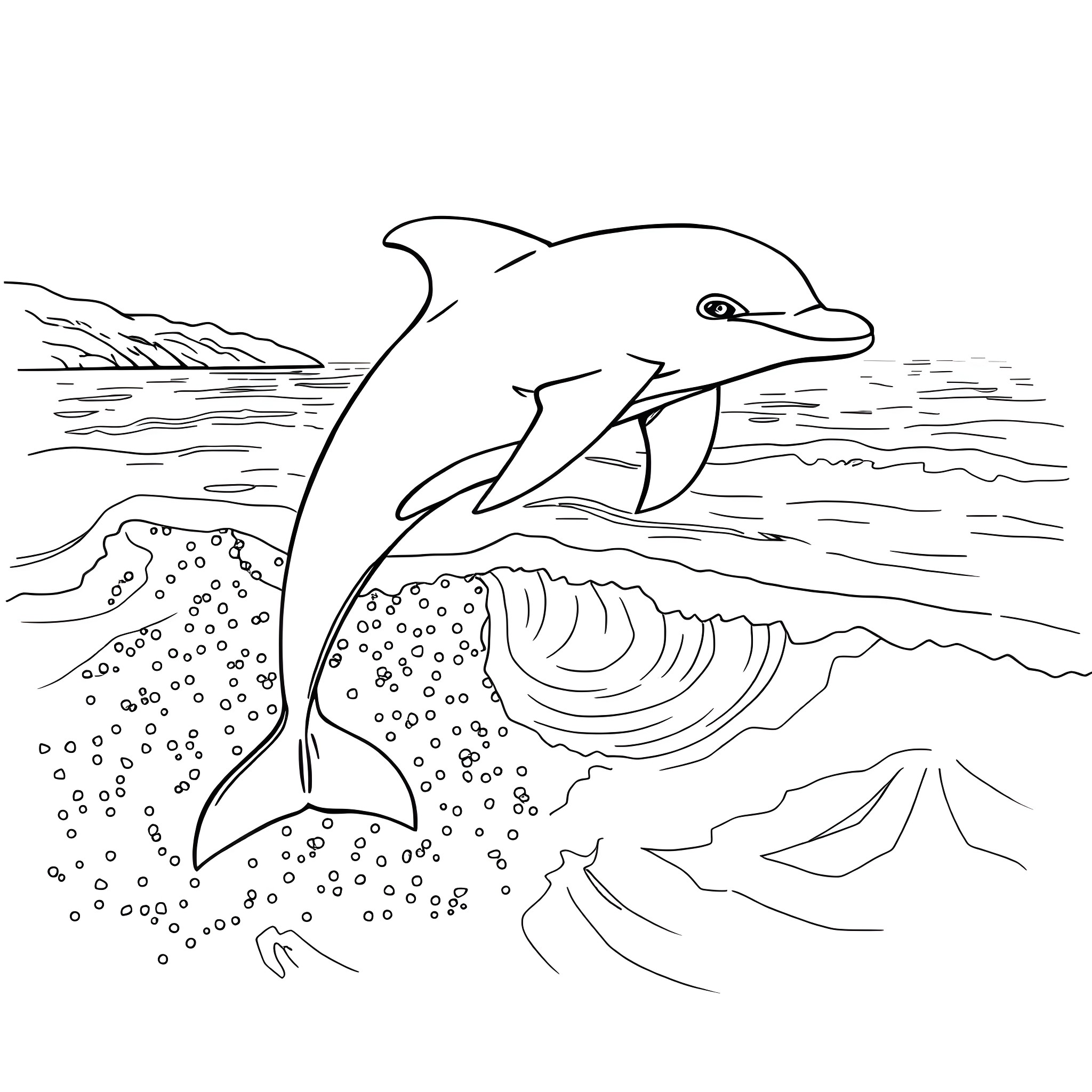 Dolphin leaping above the ocean waves Coloring Page (free black-and-white line drawing printable PDF for all, from beginners to advanced learners, including children, teens, adults, and seniors)