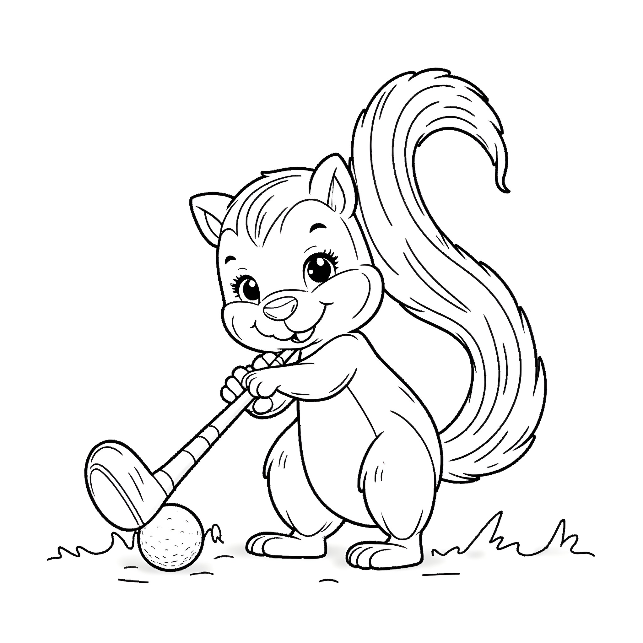 Squirrel playing with a stick Coloring Page (free black-and-white line drawing printable PDF for all, from beginners to advanced learners, including children, teens, adults, and seniors)