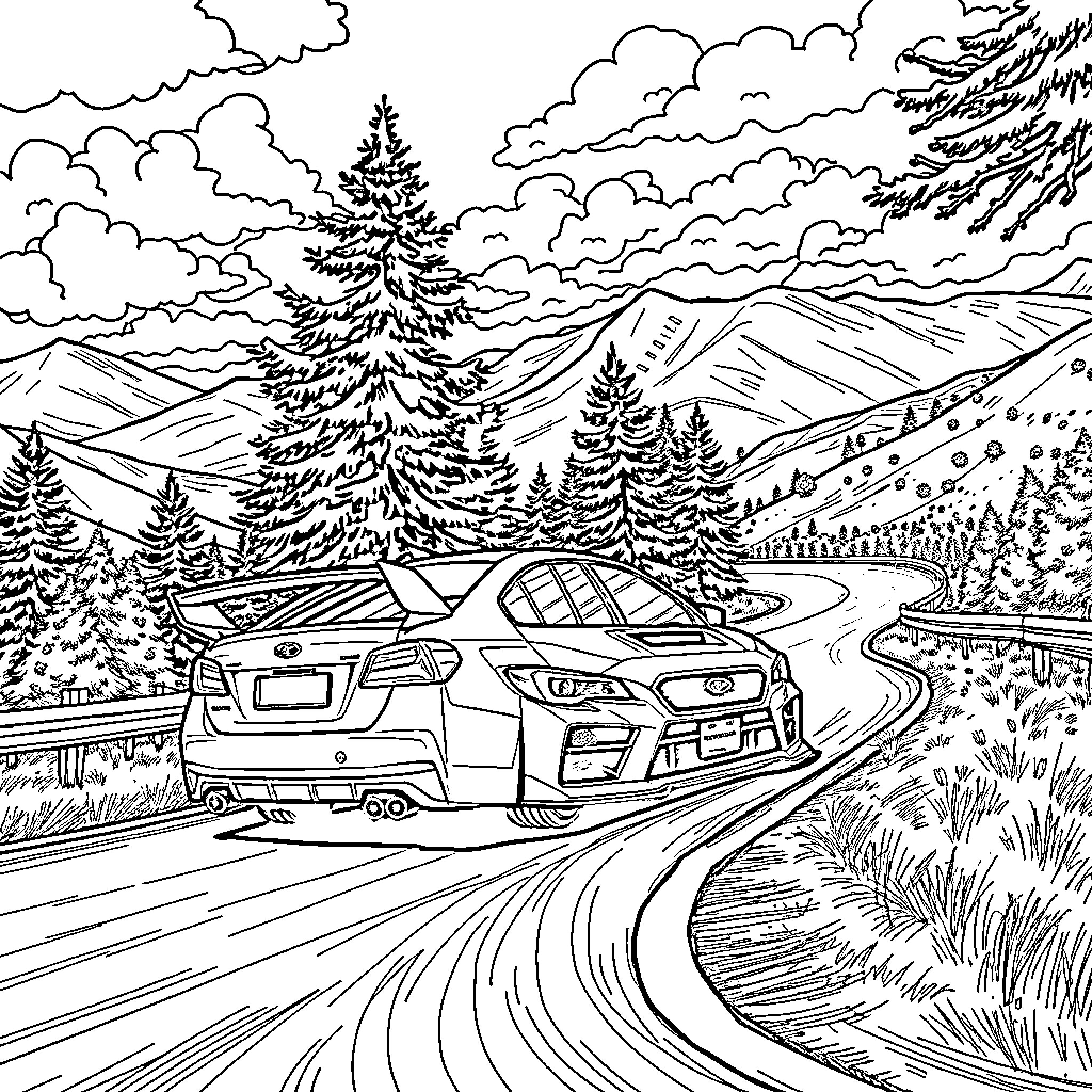 Wrc Rally Drivers Speed Through Snowy Mountainous Landscape Coloring Page (free black-and-white line drawing printable PDF for all, from beginners to advanced learners, including children, teens, adults, and seniors)