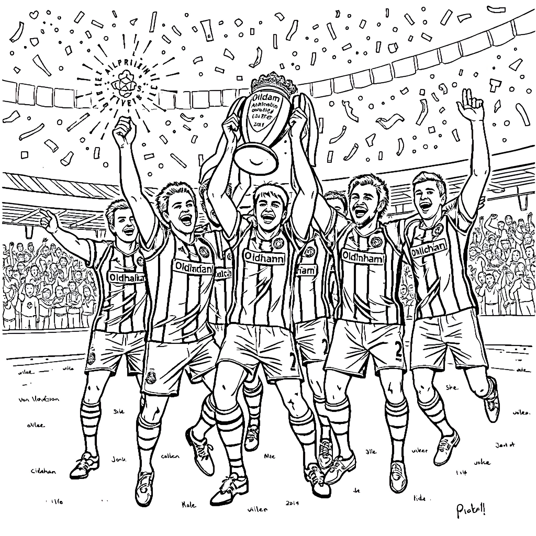 Oldham Athletic players celebrating victory on the field Coloring Page (free black-and-white line drawing printable PDF for all, from beginners to advanced learners, including children, teens, adults, and seniors)