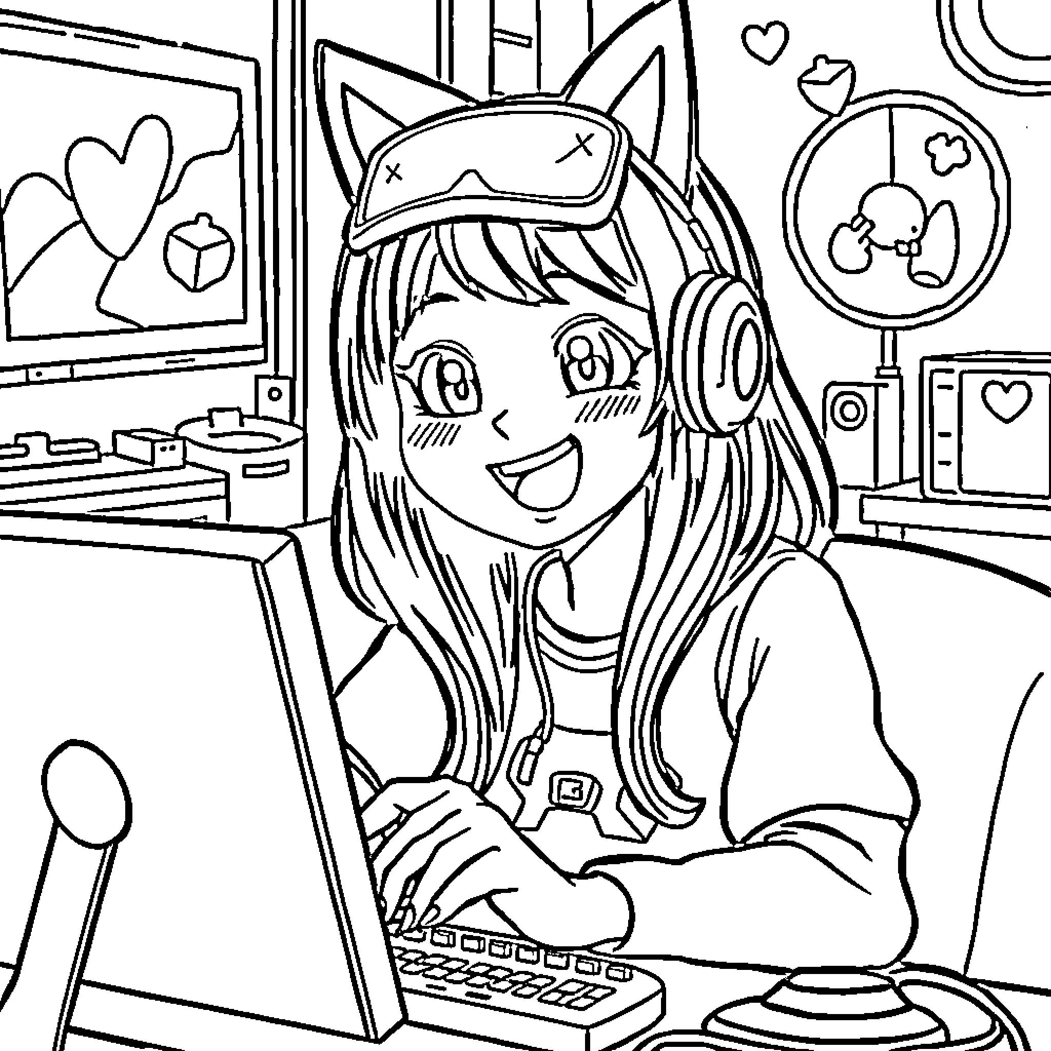 Aphmau Gaming at Her Desk Coloring Page (free black-and-white line drawing printable PDF for all, from beginners to advanced learners, including children, teens, adults, and seniors)