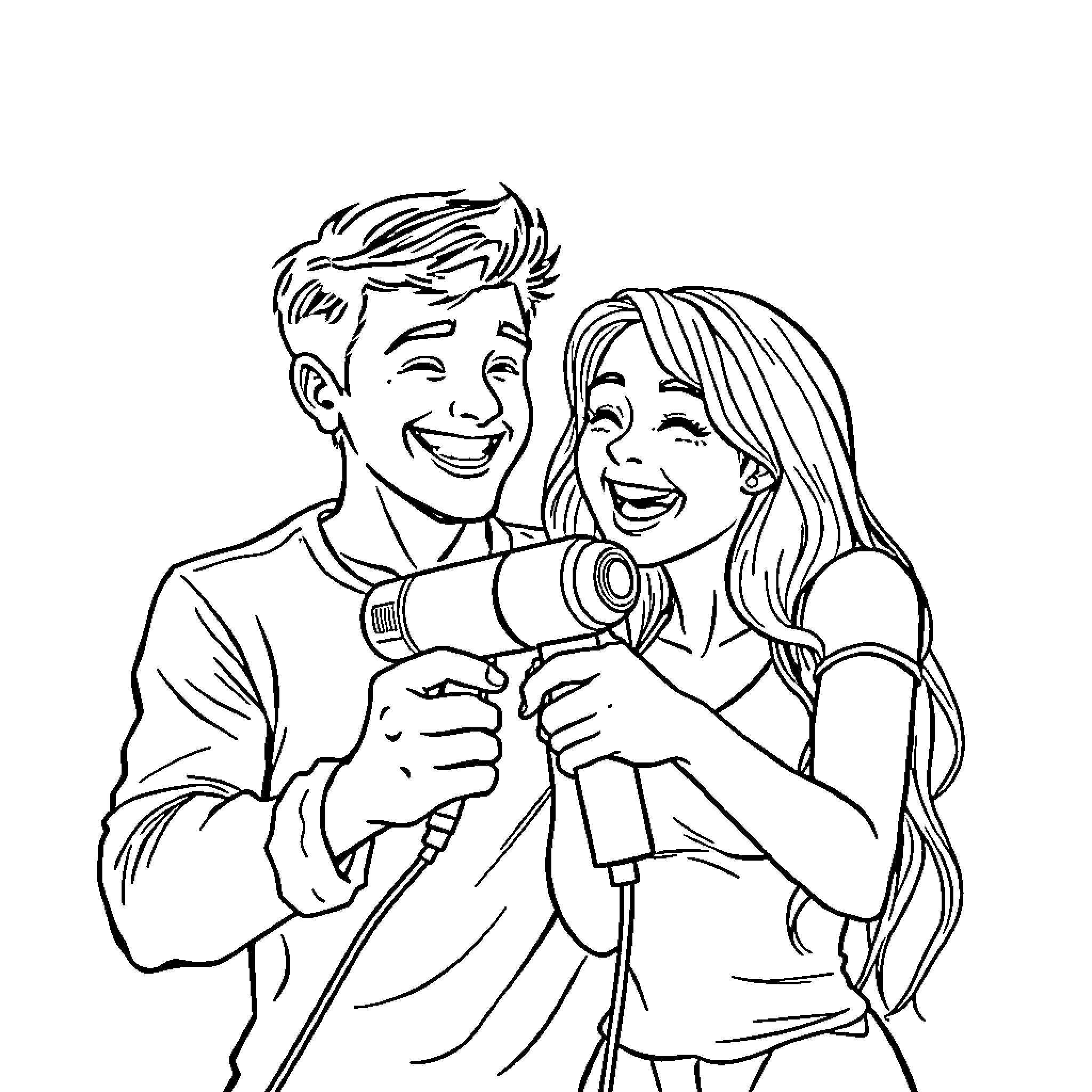 Man and woman laughing and taking a photo together Coloring Page (free black-and-white line drawing printable PDF for all, from beginners to advanced learners, including children, teens, adults, and seniors)