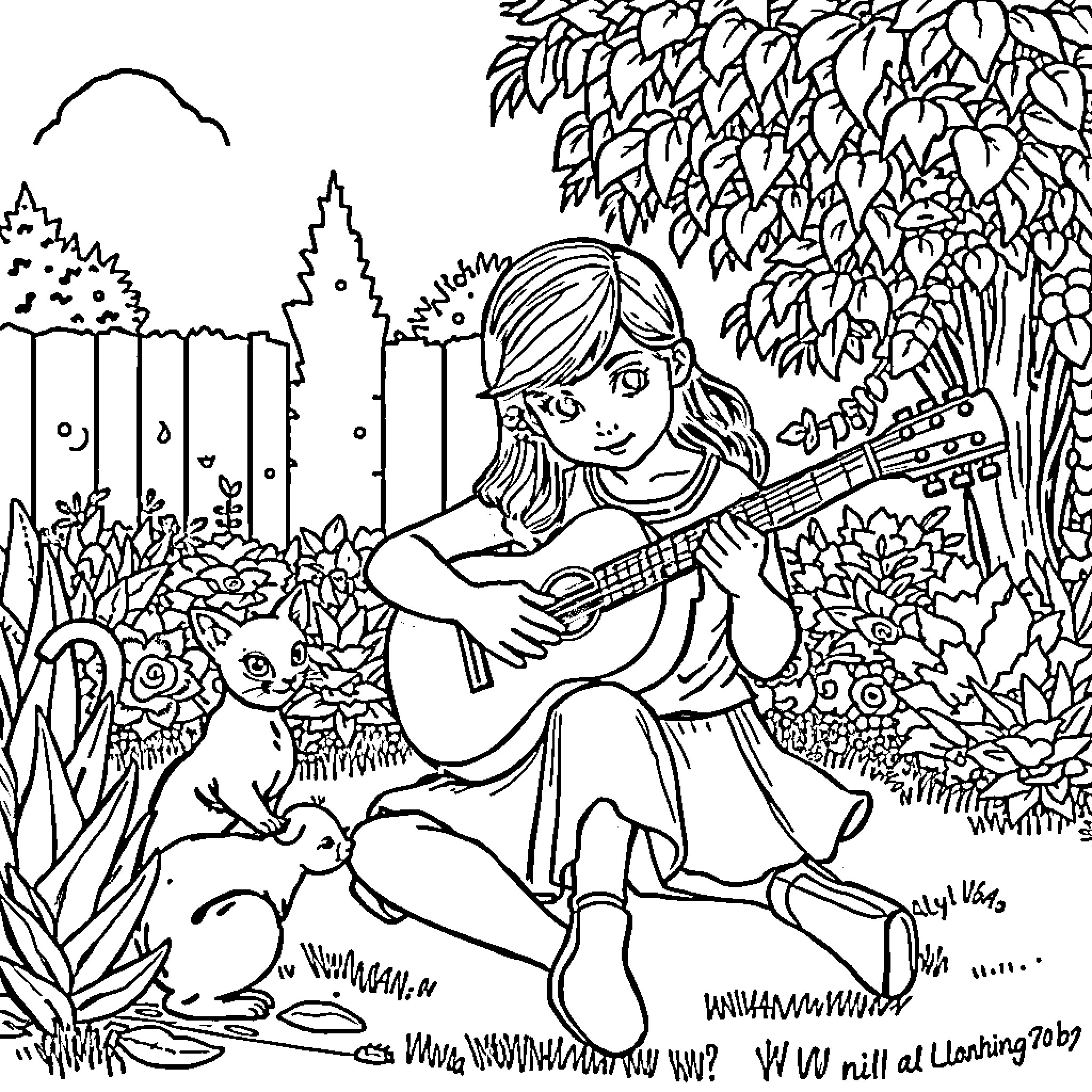 Nina playing guitar for forest animals Coloring Page (free black-and-white line drawing printable PDF for all, from beginners to advanced learners, including children, teens, adults, and seniors)