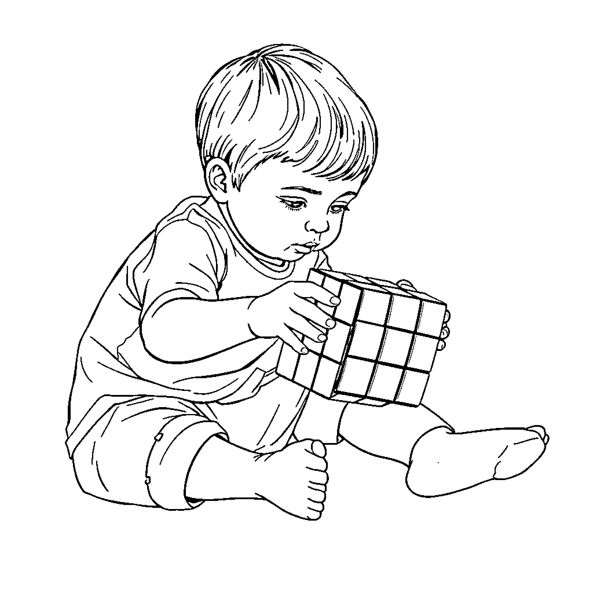 Child playing with toy cube Coloring Page (free black-and-white line drawing printable PDF for all, from beginners to advanced learners, including children, teens, adults, and seniors)