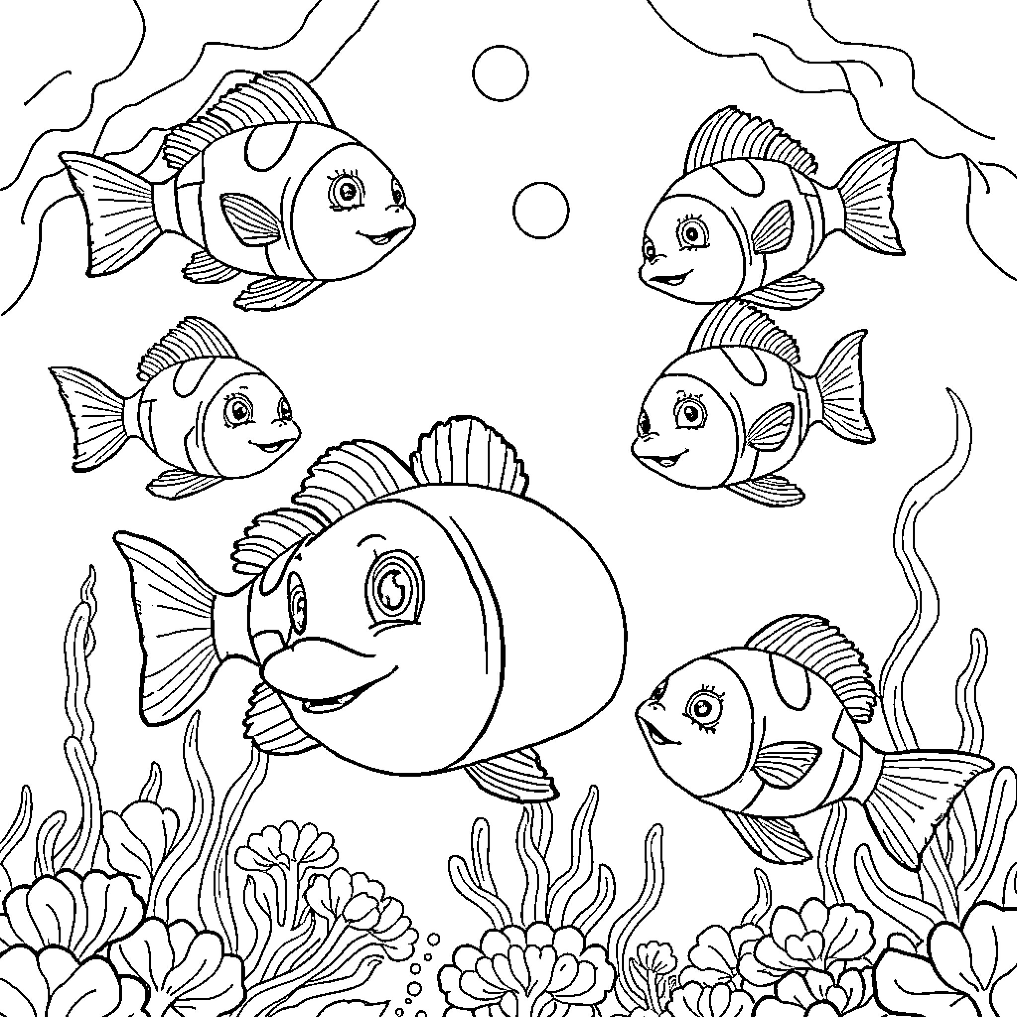 Nemo and Friends Exploring the Underwater World Coloring Page (free black-and-white line drawing printable PDF for all, from beginners to advanced learners, including children, teens, adults, and seniors)