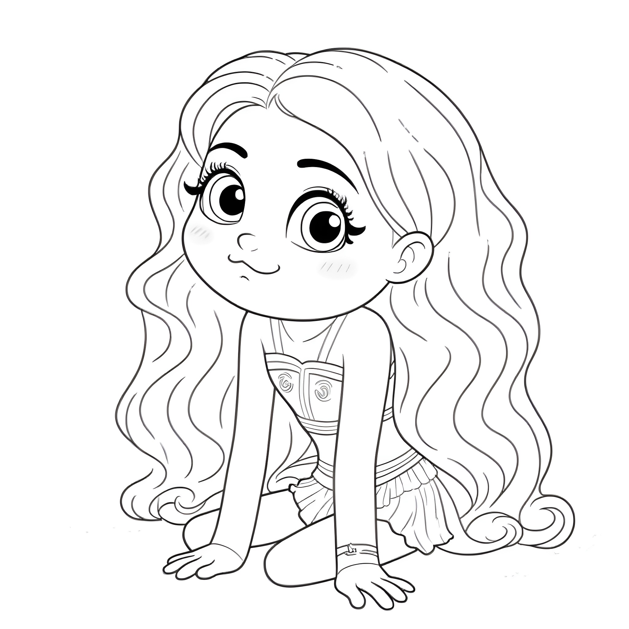 Moana sitting with a curious expression Coloring Page (free black-and-white line drawing printable PDF for all, from beginners to advanced learners, including children, teens, adults, and seniors)