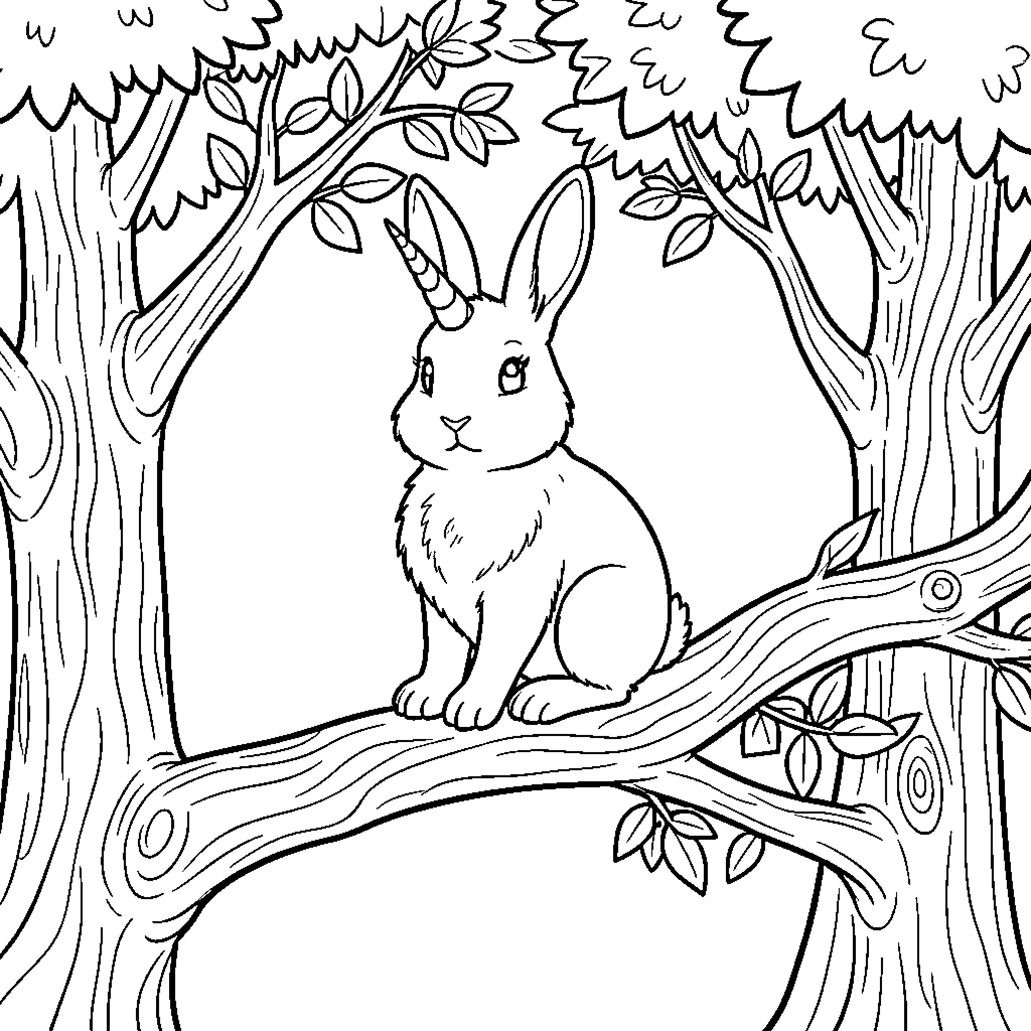 Unicorn Rabbit sitting peacefully on a tree branch Coloring Page (free black-and-white line drawing printable PDF for all, from beginners to advanced learners, including children, teens, adults, and seniors)