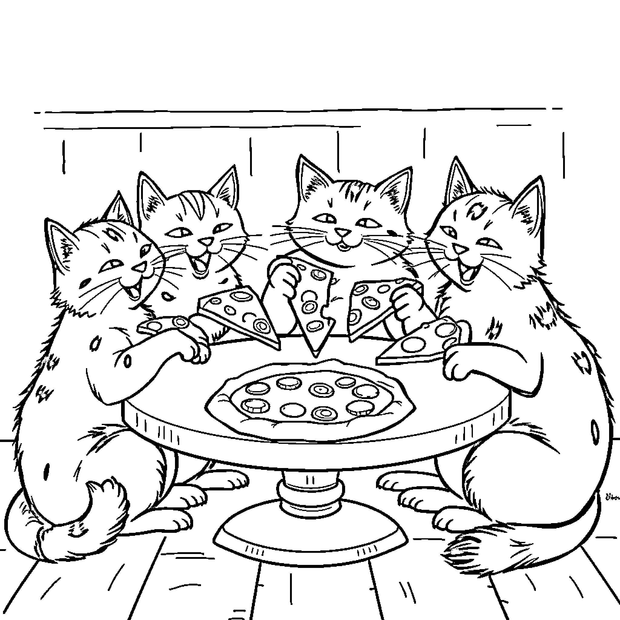 Cats Enjoying Pizza Together Coloring Page (free black-and-white line drawing printable PDF for all, from beginners to advanced learners, including children, teens, adults, and seniors)