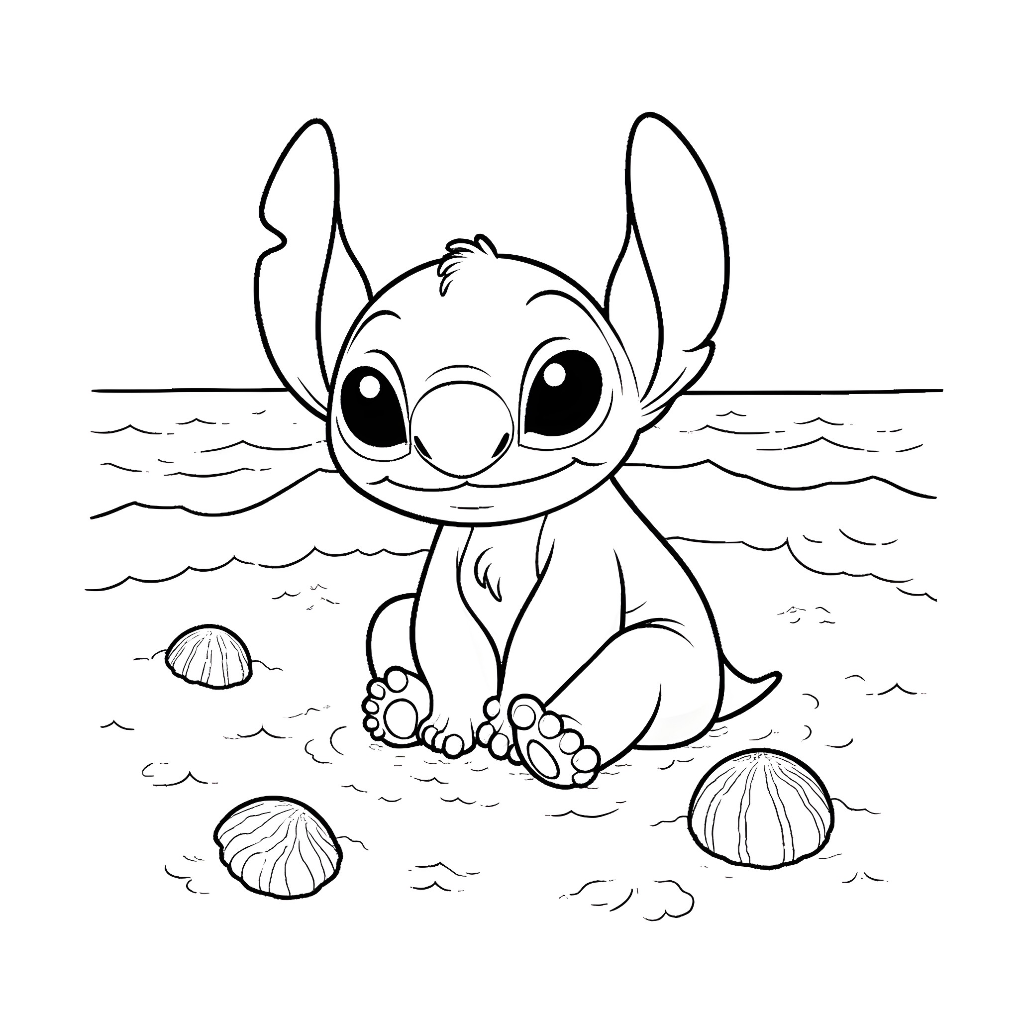 Stitch relaxing on the beach Coloring Page (free black-and-white line drawing printable PDF for all, from beginners to advanced learners, including children, teens, adults, and seniors)