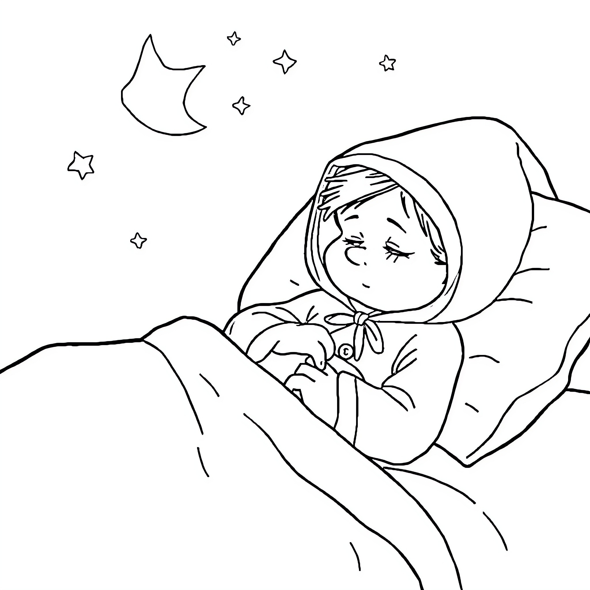 Little Red Riding Hood sleeping under the starry night Coloring Page (free black-and-white line drawing printable PDF for all, from beginners to advanced learners, including children, teens, adults, and seniors)