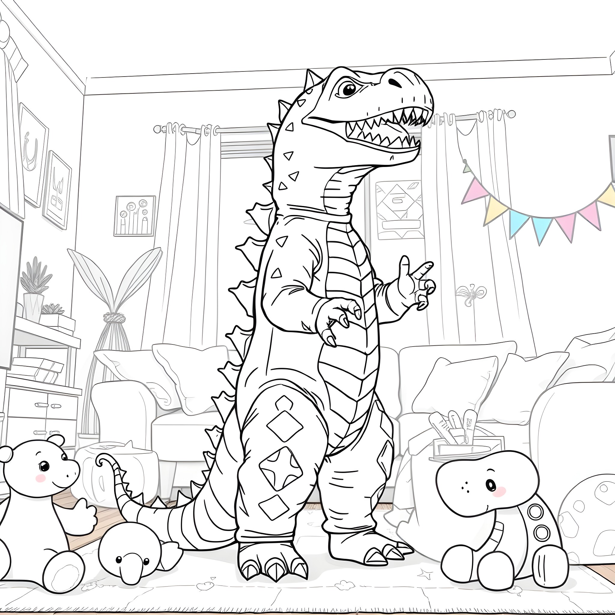 Girl playing with dinosaur toys in her room Coloring Page (free black-and-white line drawing printable PDF for all, from beginners to advanced learners, including children, teens, adults, and seniors)