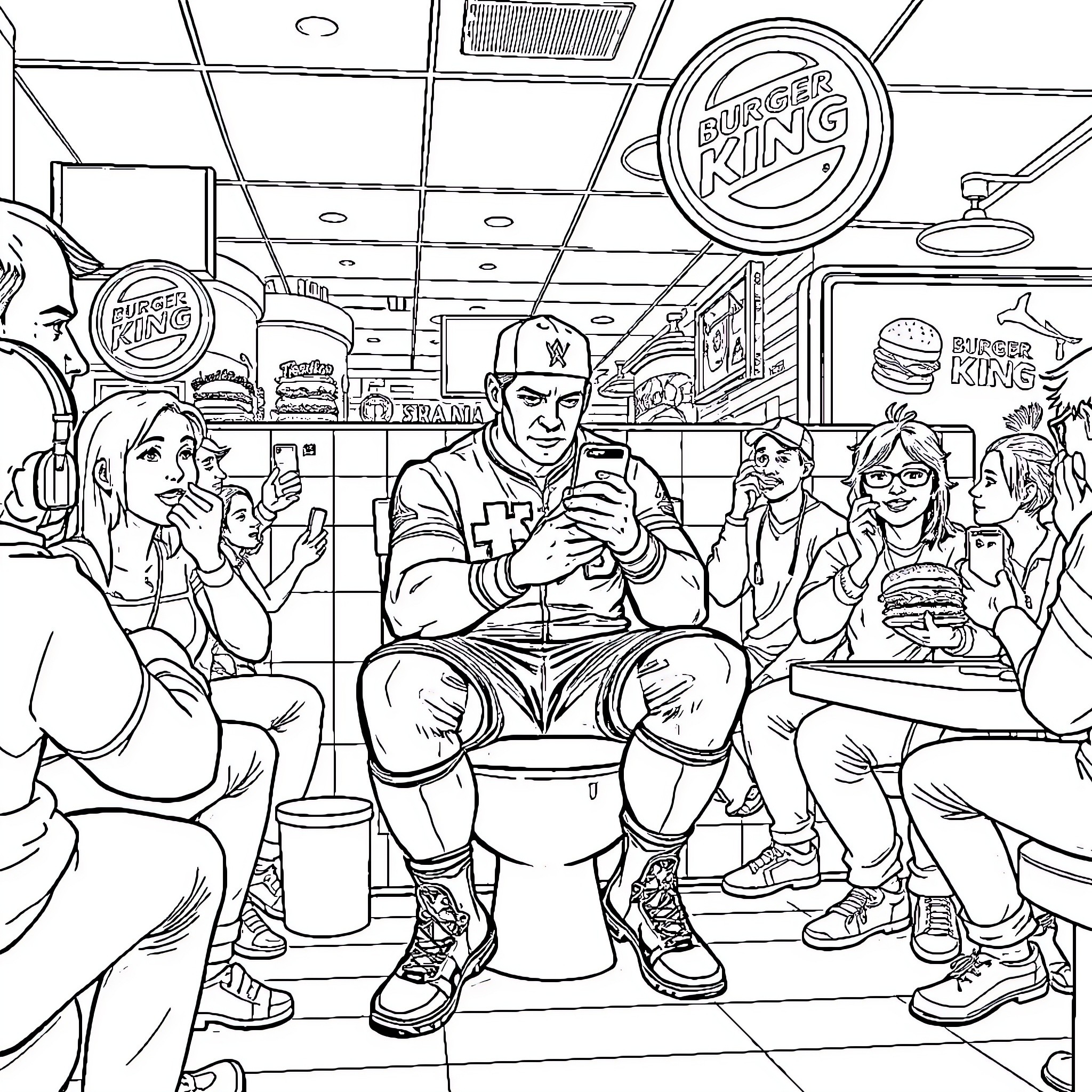 John Cena's Unexpected Adventure at Burger King Coloring Page (free black-and-white line drawing printable PDF for all, from beginners to advanced learners, including children, teens, adults, and seniors)