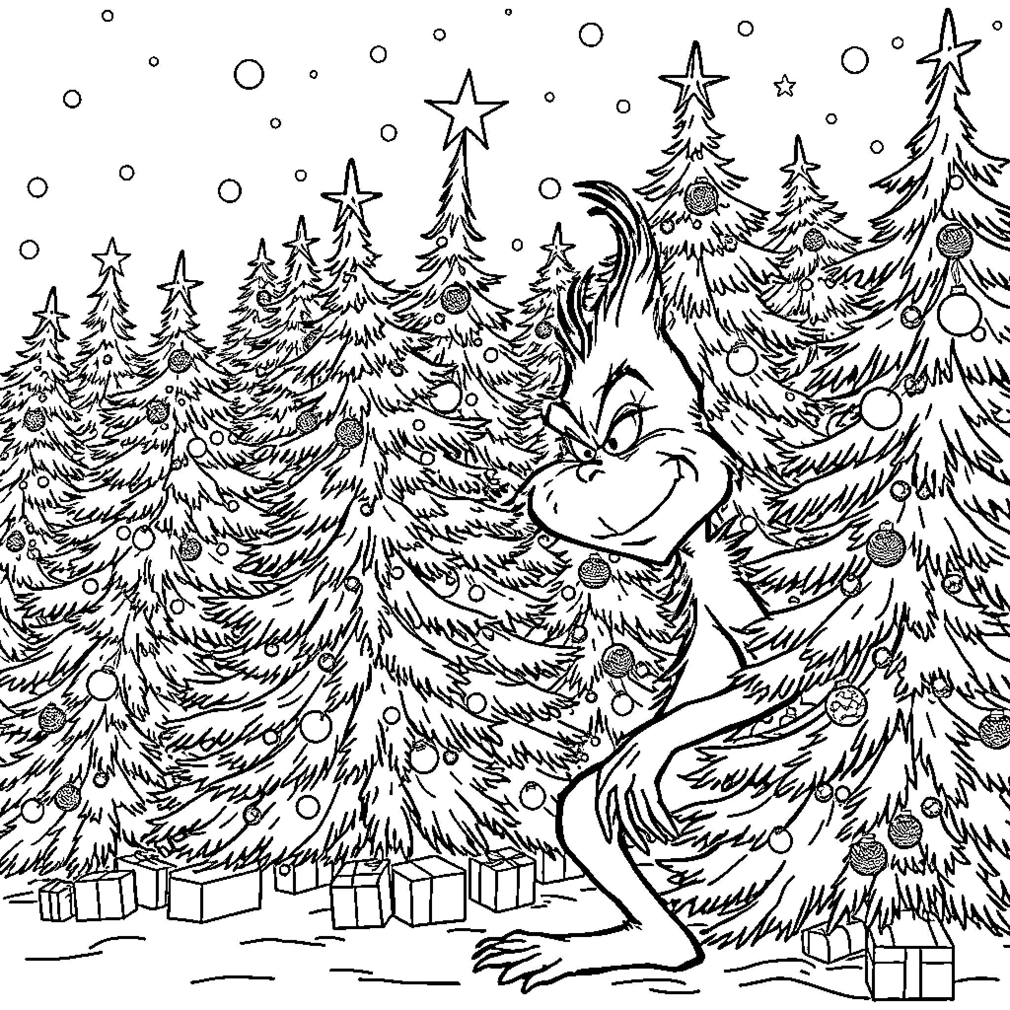 Christmas Tree Grinch in Snowy Forest Coloring Page (free black-and-white line drawing printable PDF for all, from beginners to advanced learners, including children, teens, adults, and seniors)