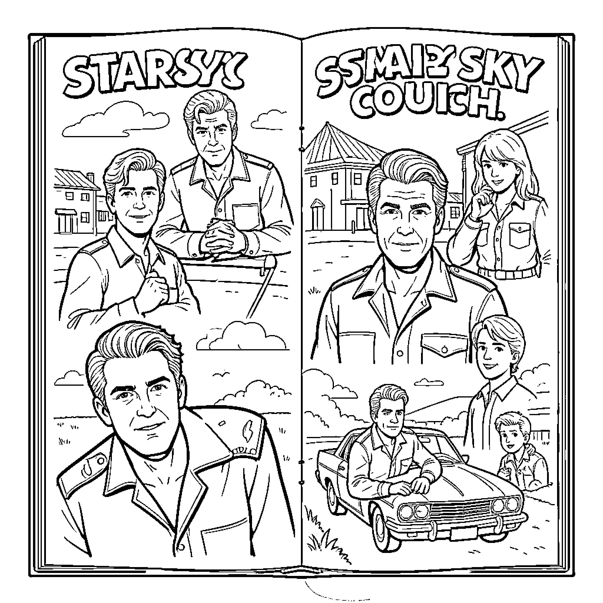 Starsky and Hutch in various action and portrait scenes Coloring Page (free black-and-white line drawing printable PDF for all, from beginners to advanced learners, including children, teens, adults, and seniors)