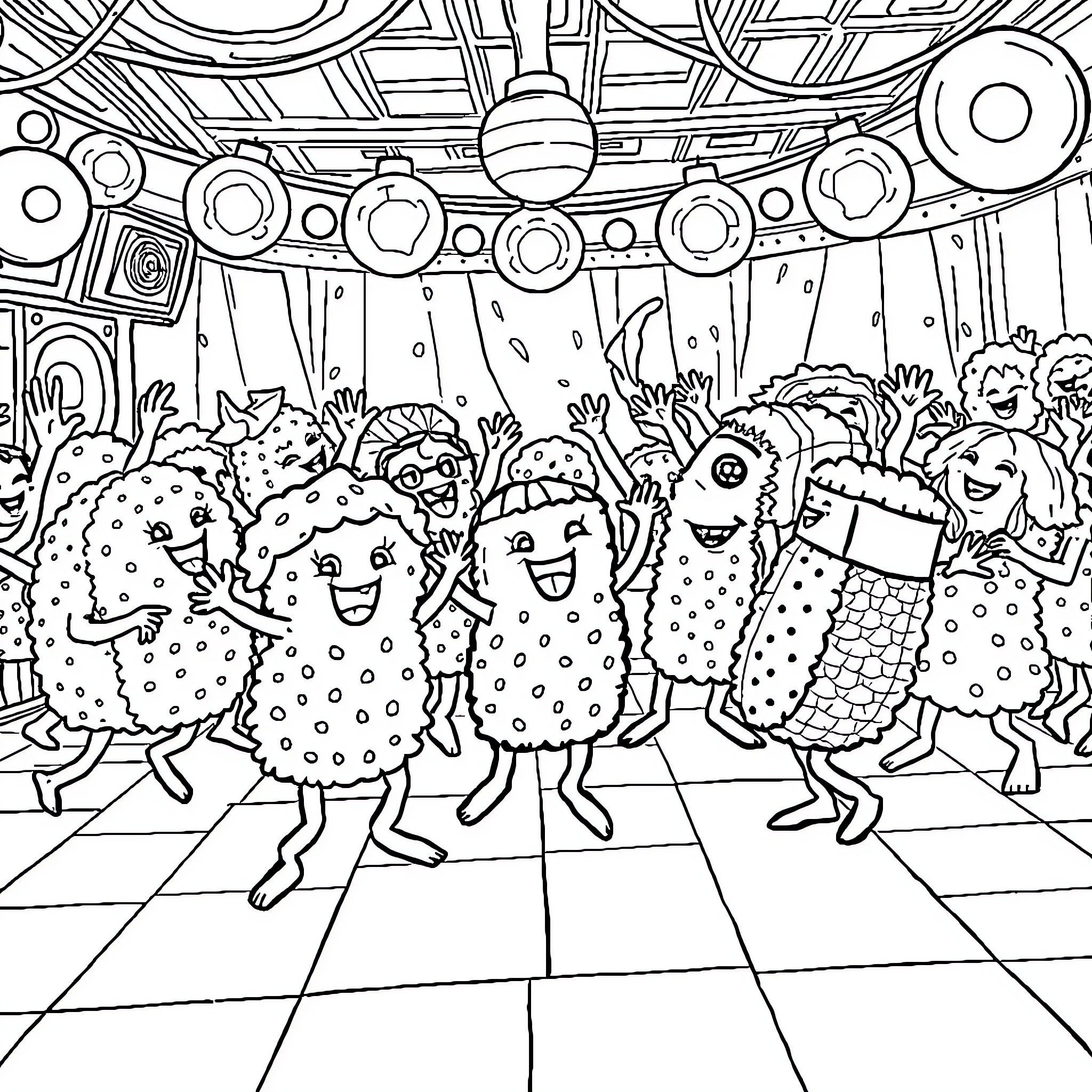 Sushi Party Celebration with Lively Characters Coloring Page (free black-and-white line drawing printable PDF for all, from beginners to advanced learners, including children, teens, adults, and seniors)