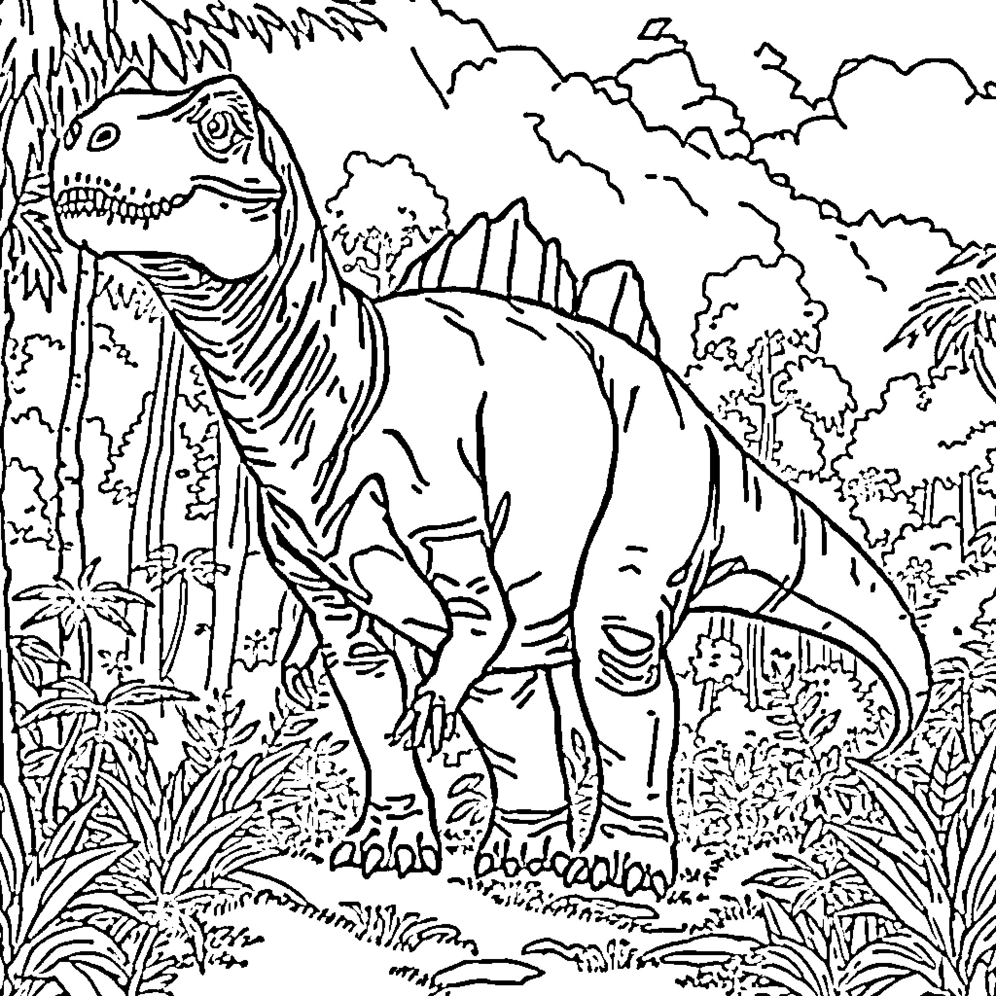 Dinosaur stomping through prehistoric jungle landscape Coloring Page (free black-and-white line drawing printable PDF for all, from beginners to advanced learners, including children, teens, adults, and seniors)
