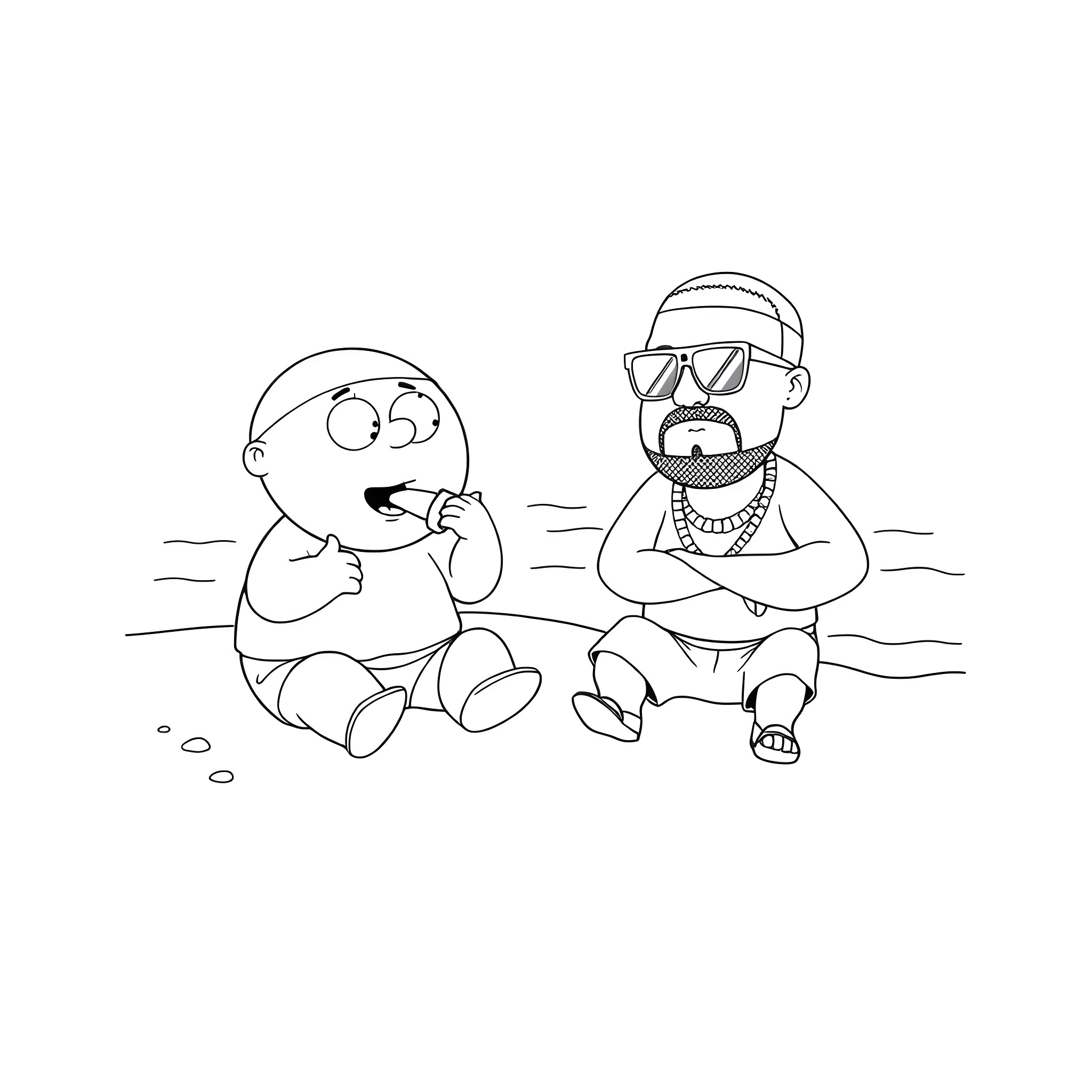 Cartman and friend relaxing on the beach Coloring Page (free black-and-white line drawing printable PDF for all, from beginners to advanced learners, including children, teens, adults, and seniors)