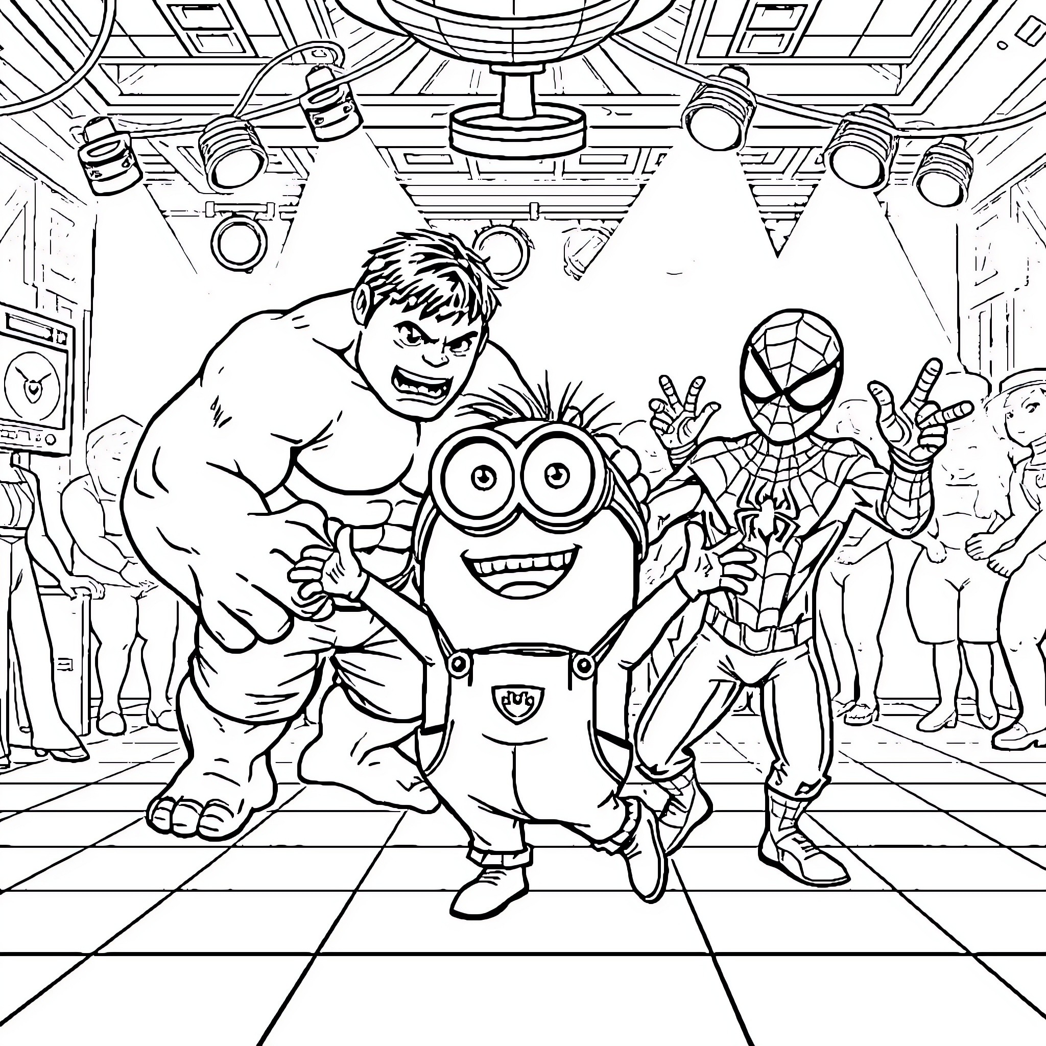 Minion and Superheroes Hang Out in Colorful Venue Coloring Page (free black-and-white line drawing printable PDF for all, from beginners to advanced learners, including children, teens, adults, and seniors)