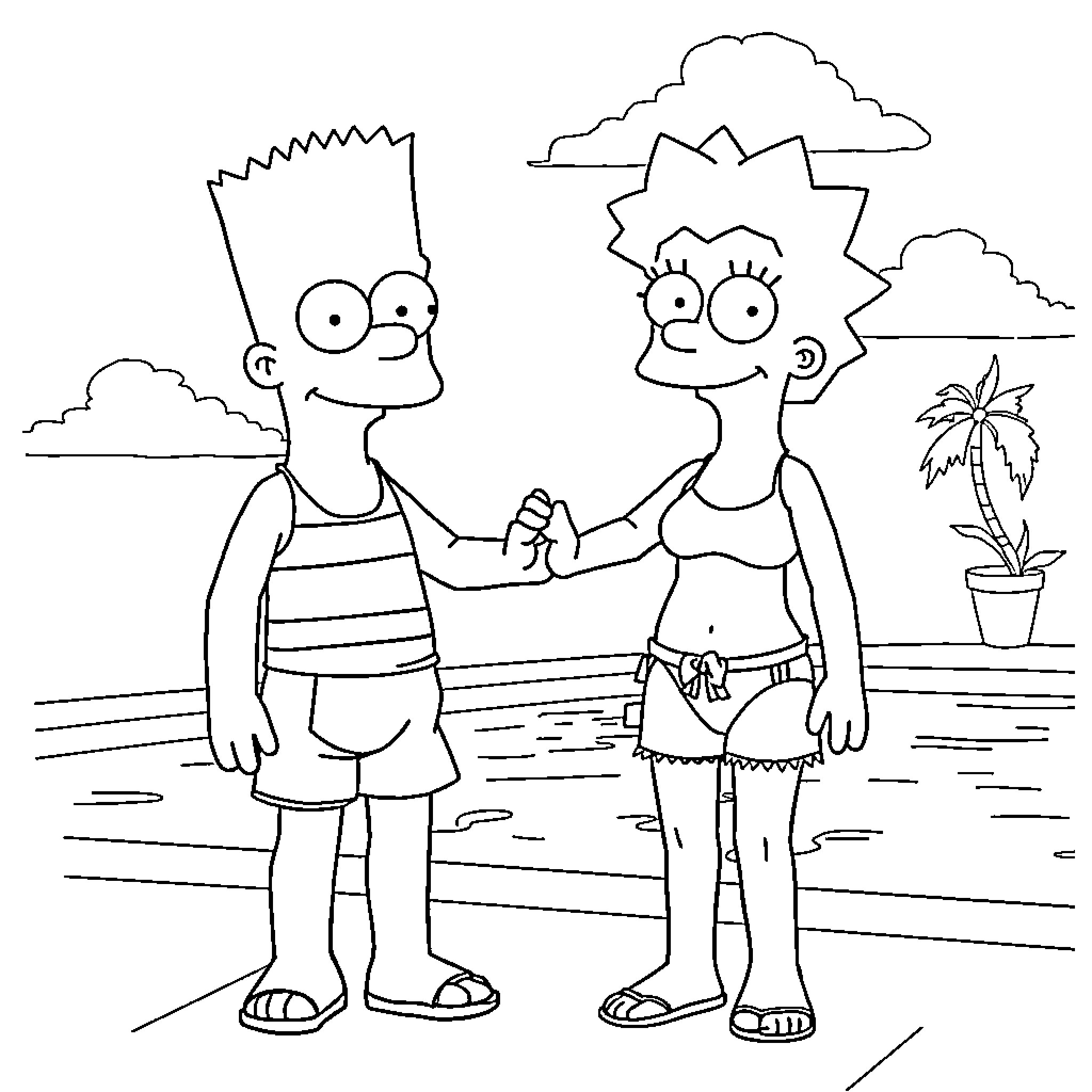 Bart and Lisa at the beach Coloring Page (free black-and-white line drawing printable PDF for all, from beginners to advanced learners, including children, teens, adults, and seniors)