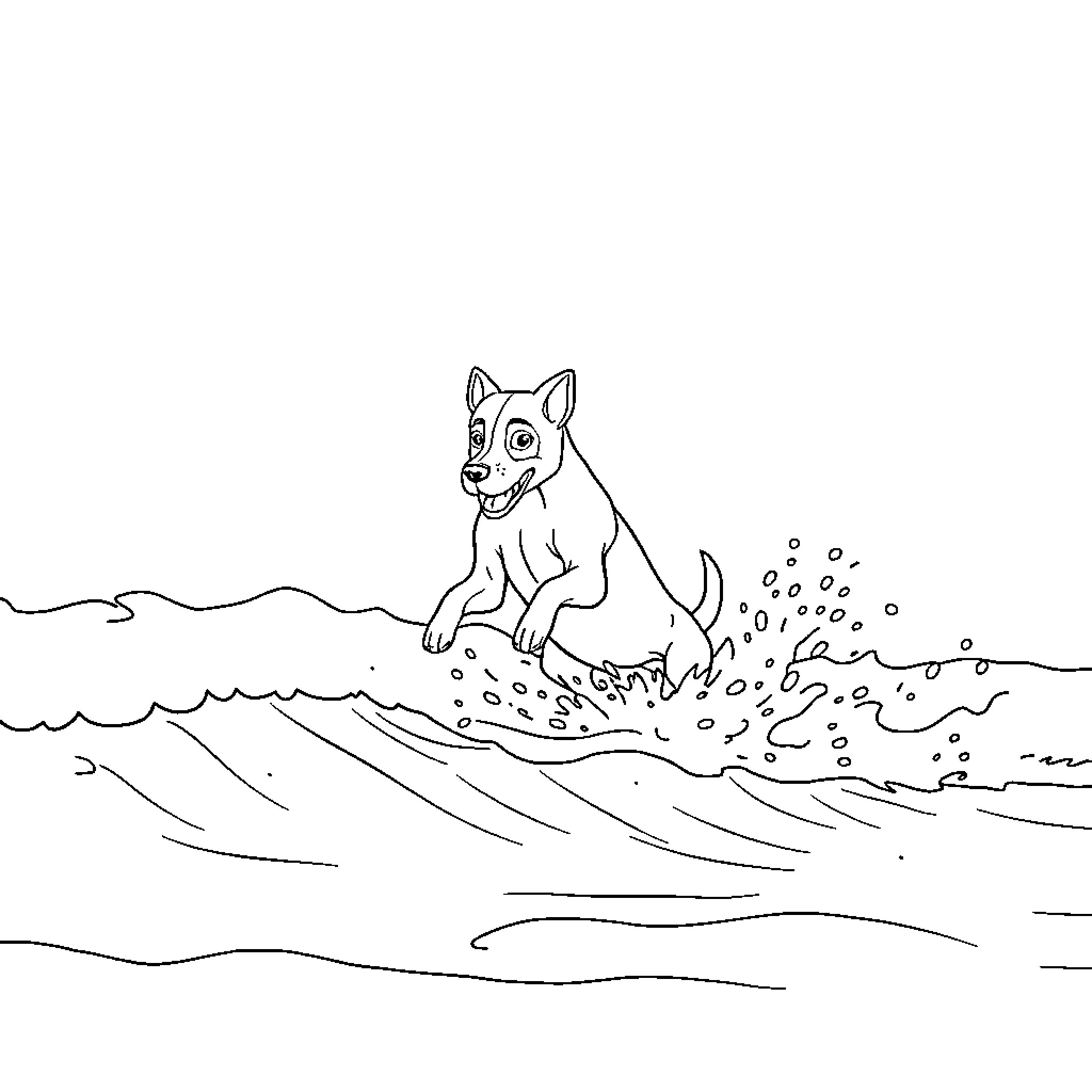 Perro enjoying the waves at the beach Coloring Page (free black-and-white line drawing printable PDF for all, from beginners to advanced learners, including children, teens, adults, and seniors)