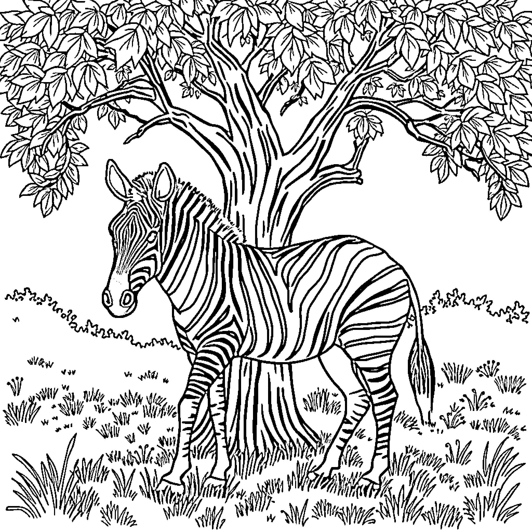 Zebra standing amidst lush foliage Coloring Page (free black-and-white line drawing printable PDF for all, from beginners to advanced learners, including children, teens, adults, and seniors)