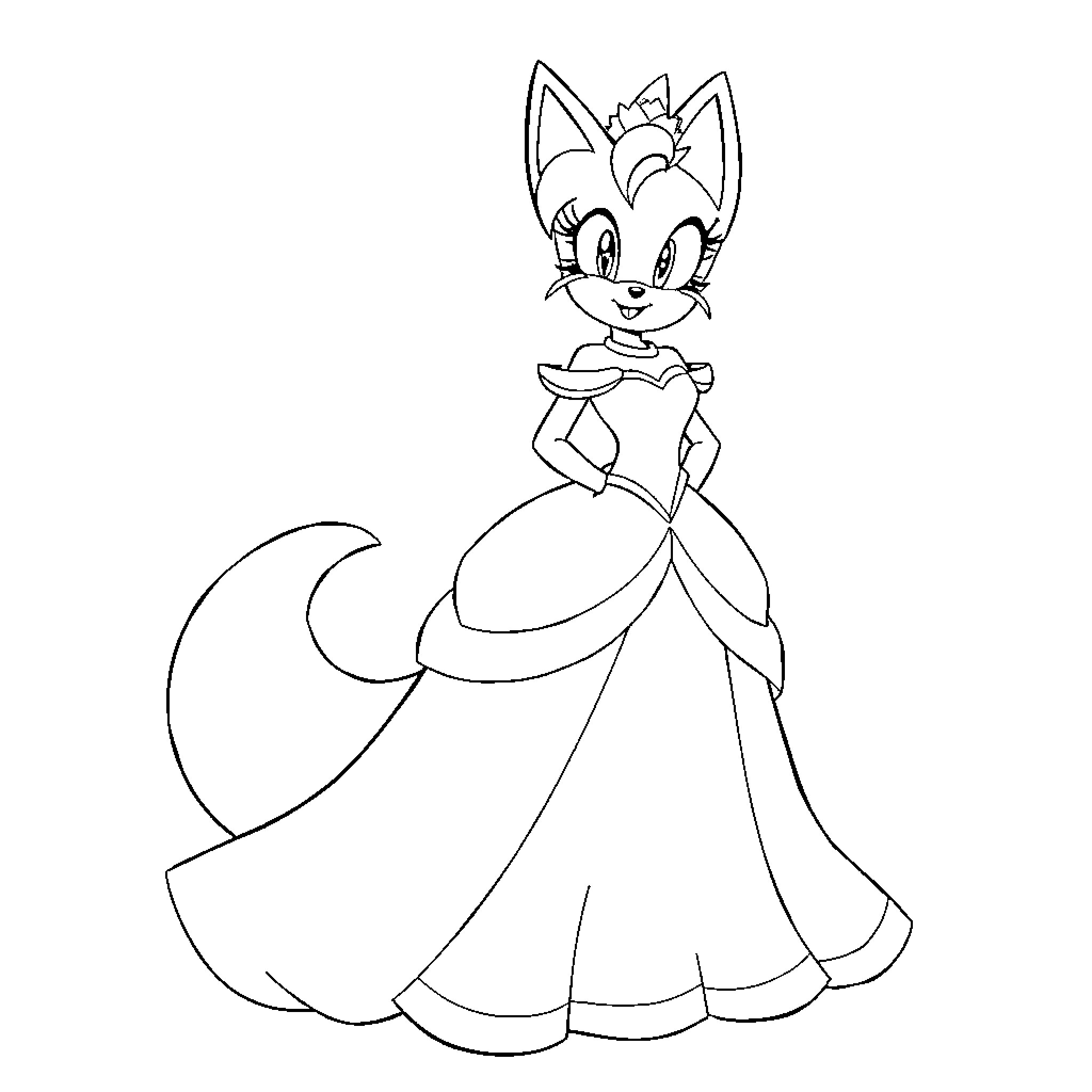 Princess cat in elegant dress Coloring Page (free black-and-white line drawing printable PDF for all, from beginners to advanced learners, including children, teens, adults, and seniors)