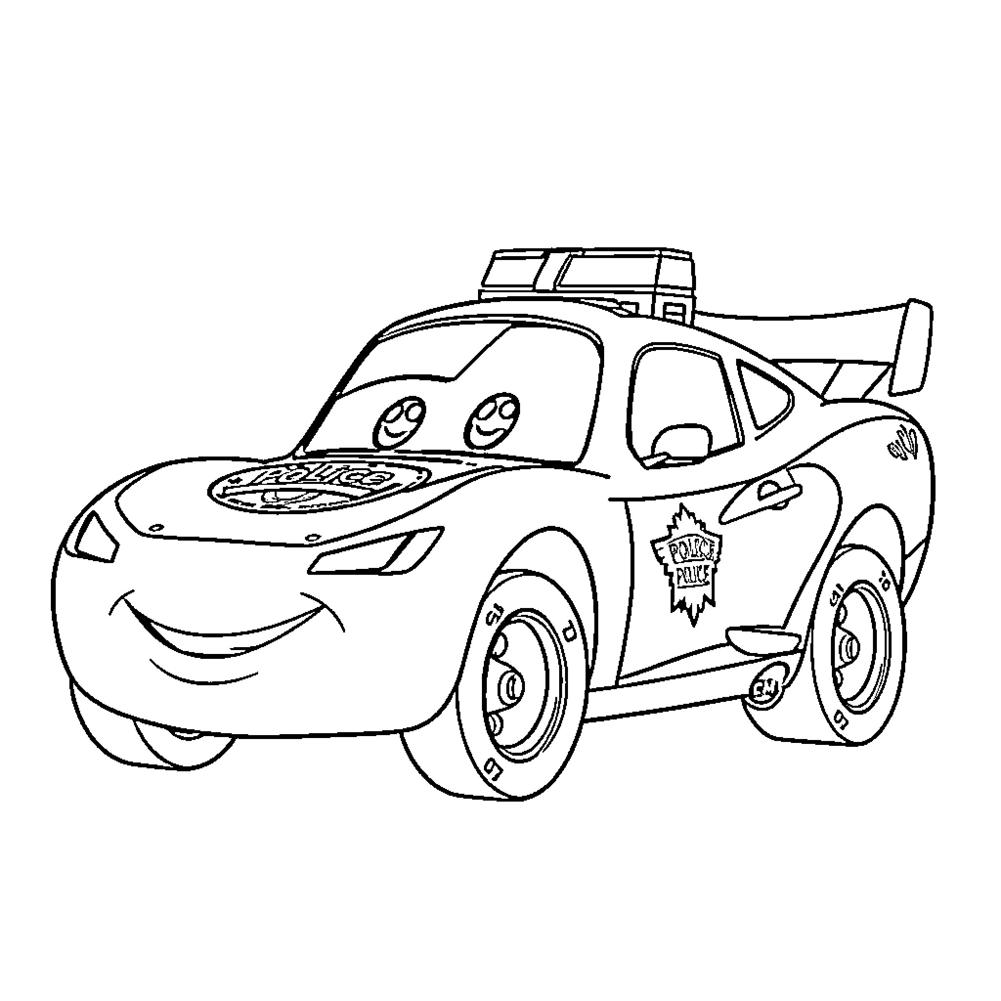 Police Car with Cartoon Artwork Coloring Page (free black-and-white line drawing printable PDF for all, from beginners to advanced learners, including children, teens, adults, and seniors)