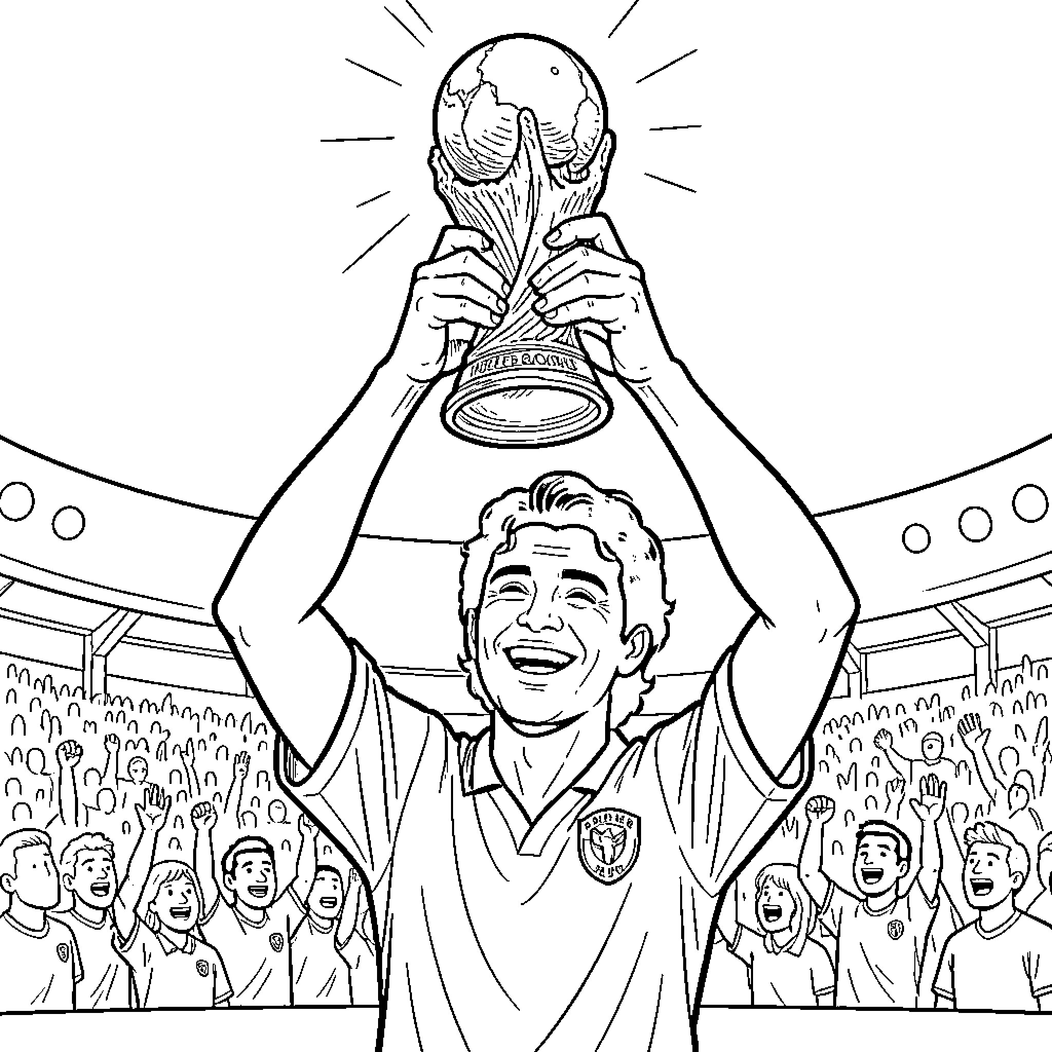 Roberto Carlos lifting a championship trophy in a stadium Coloring Page (free black-and-white line drawing printable PDF for all, from beginners to advanced learners, including children, teens, adults, and seniors)