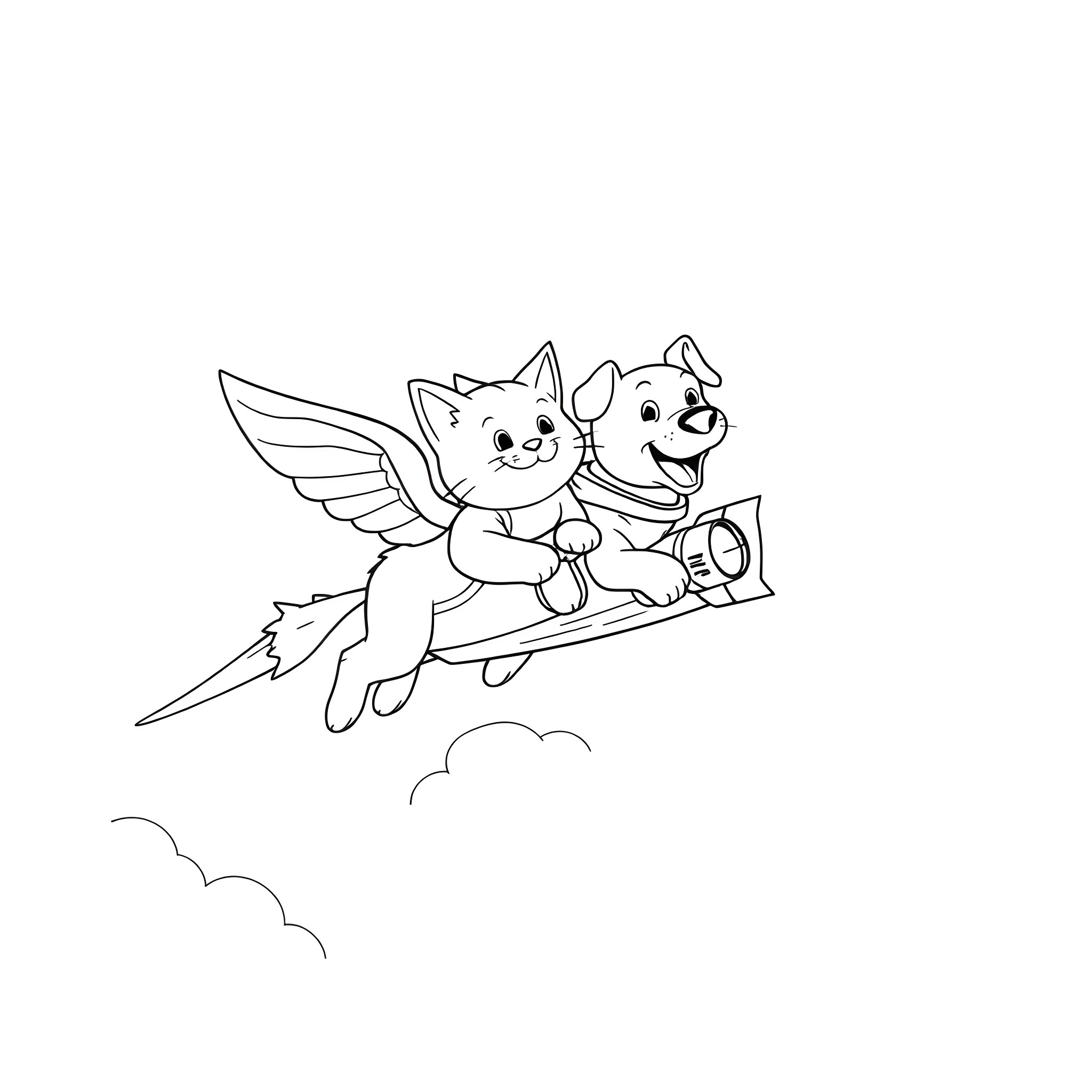 Cat and Dog Flying on a Magical Ride Coloring Page (free black-and-white line drawing printable PDF for all, from beginners to advanced learners, including children, teens, adults, and seniors)