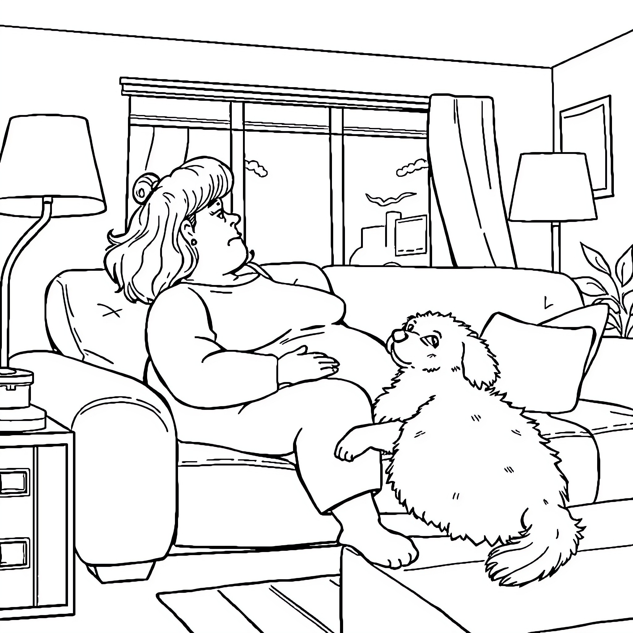 Lady relaxing peacefully with her furry companion Coloring Page (free black-and-white line drawing printable PDF for all, from beginners to advanced learners, including children, teens, adults, and seniors)
