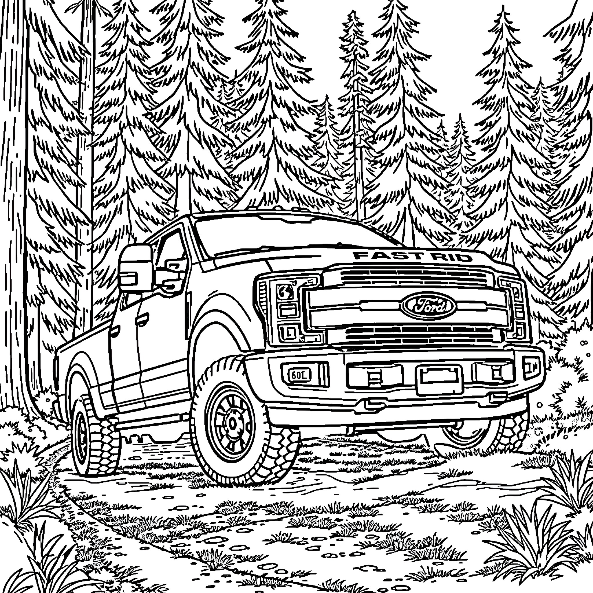 Truck traversing rugged terrain in the wilderness Coloring Page (free black-and-white line drawing printable PDF for all, from beginners to advanced learners, including children, teens, adults, and seniors)