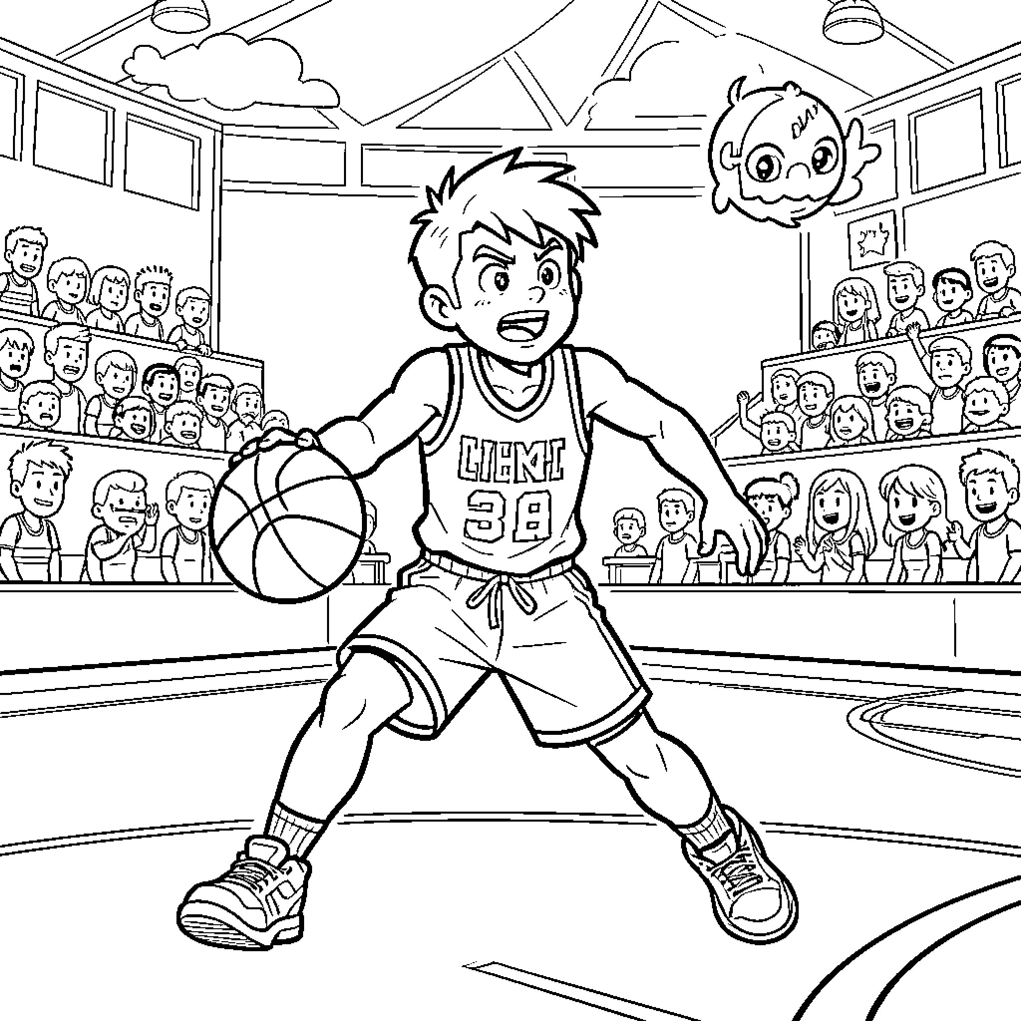 Shimy boy playing basketball intensely in front of crowd Coloring Page (free black-and-white line drawing printable PDF for all, from beginners to advanced learners, including children, teens, adults, and seniors)