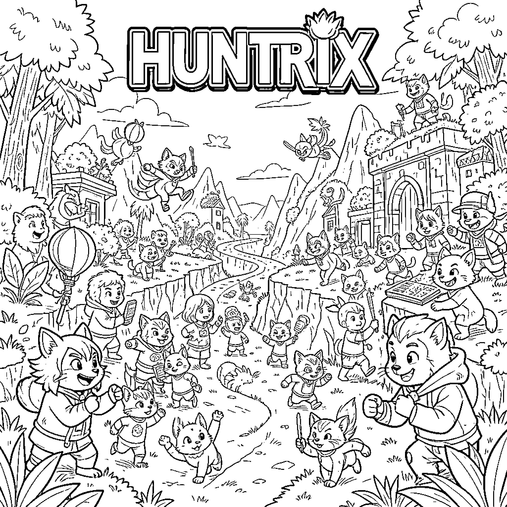 Huntrix - Fantastical Creatures in a Whimsical World Coloring Page (free black-and-white line drawing printable PDF for all, from beginners to advanced learners, including children, teens, adults, and seniors)
