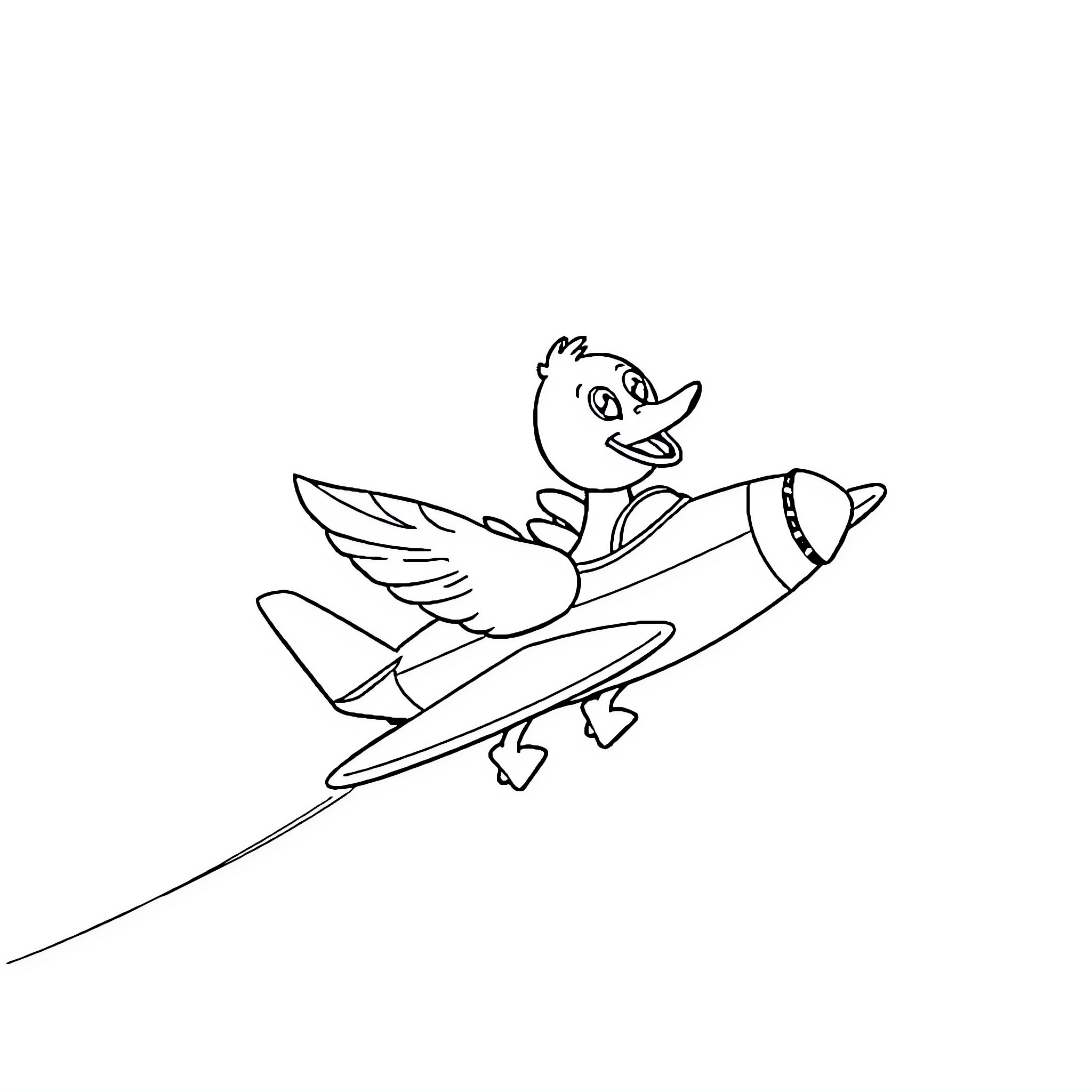 Duck flying joyfully in a plane Coloring Page (free black-and-white line drawing printable PDF for all, from beginners to advanced learners, including children, teens, adults, and seniors)
