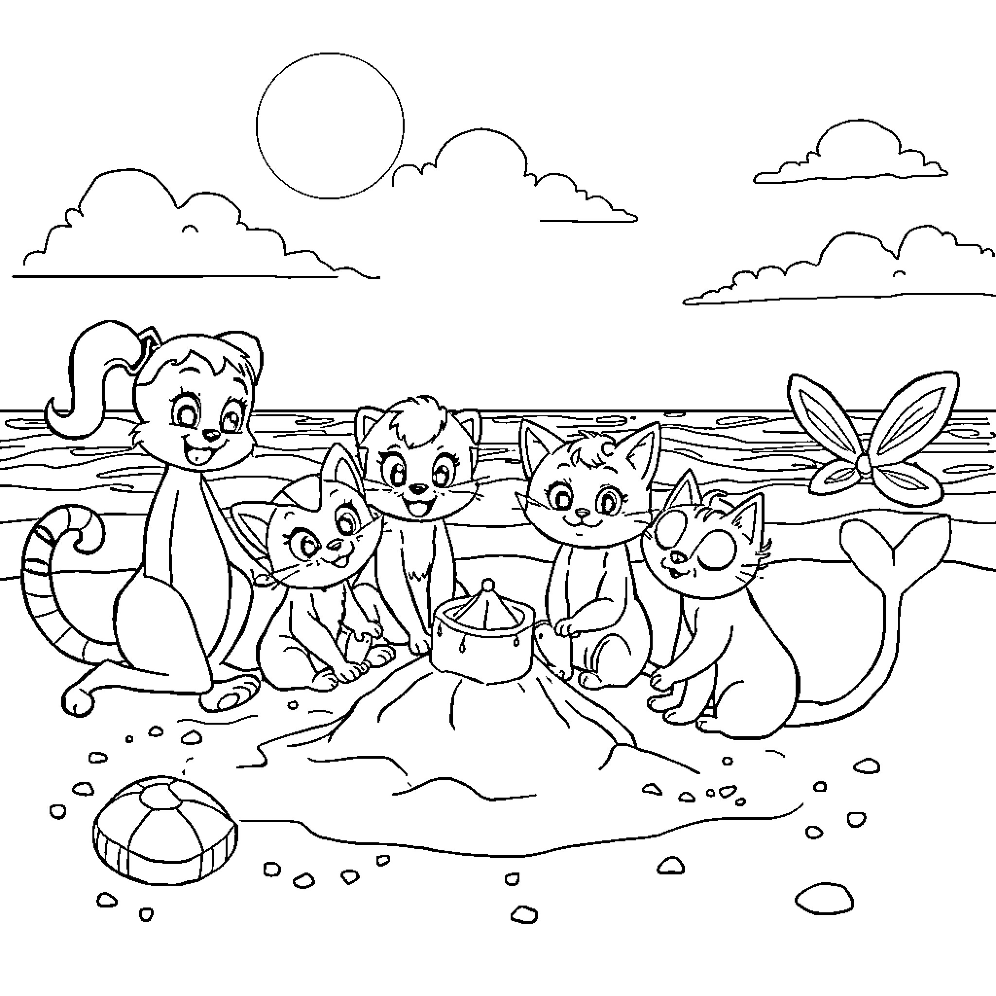 Gabby's Beach Party with Playful Cats Coloring Page (free black-and-white line drawing printable PDF for all, from beginners to advanced learners, including children, teens, adults, and seniors)