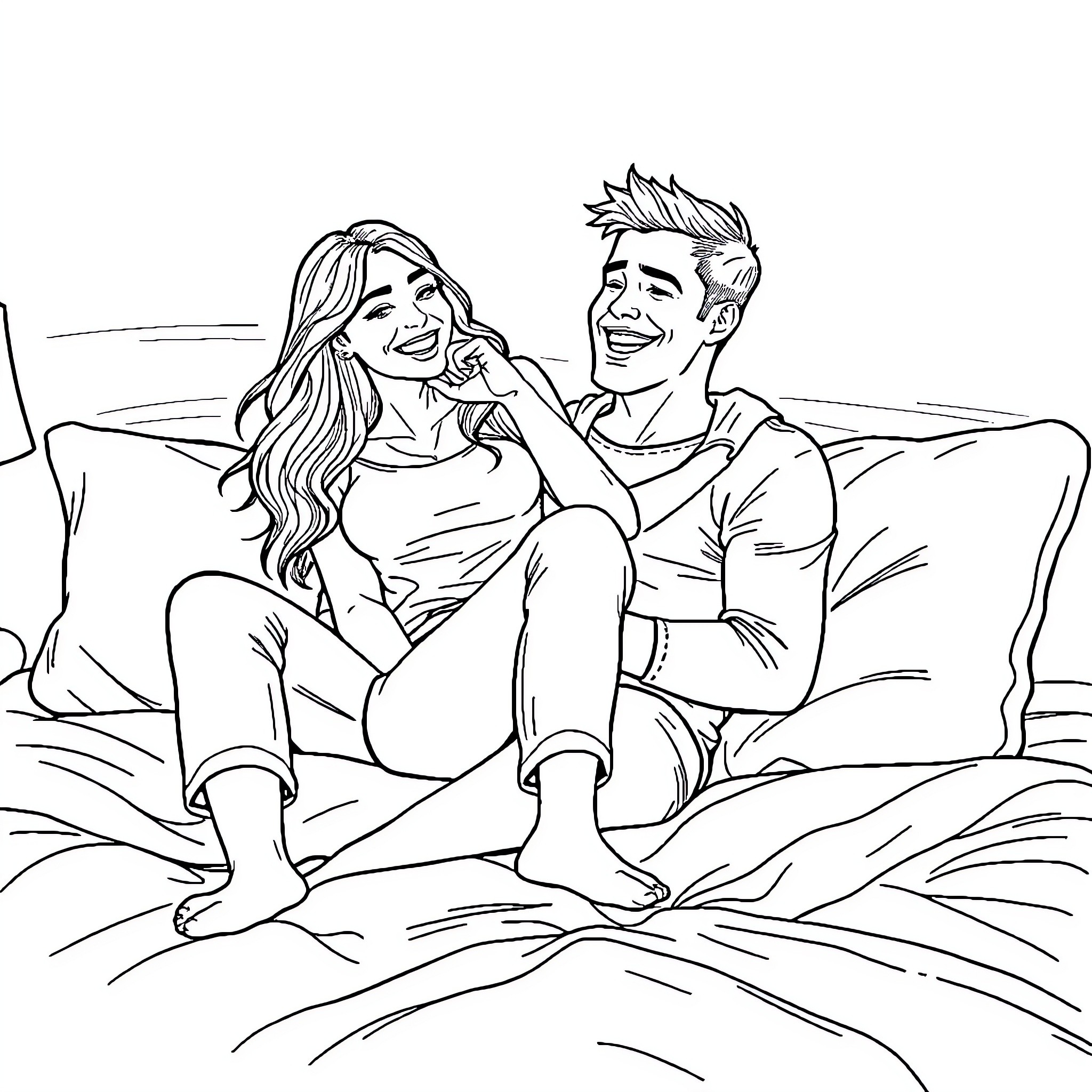 Woman and man sharing a tender moment on the couch Coloring Page (free black-and-white line drawing printable PDF for all, from beginners to advanced learners, including children, teens, adults, and seniors)