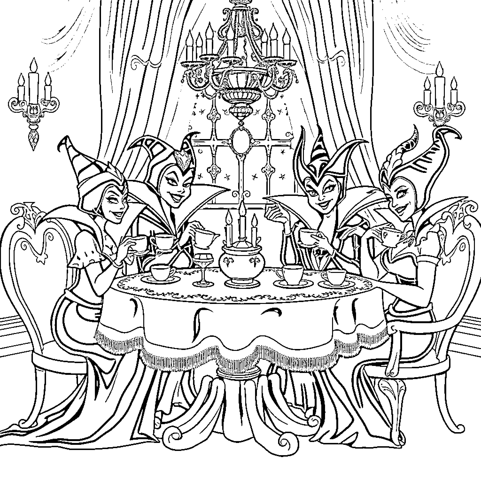 Villain Dining Villainously in Ornate Hall Coloring Page (free black-and-white line drawing printable PDF for all, from beginners to advanced learners, including children, teens, adults, and seniors)