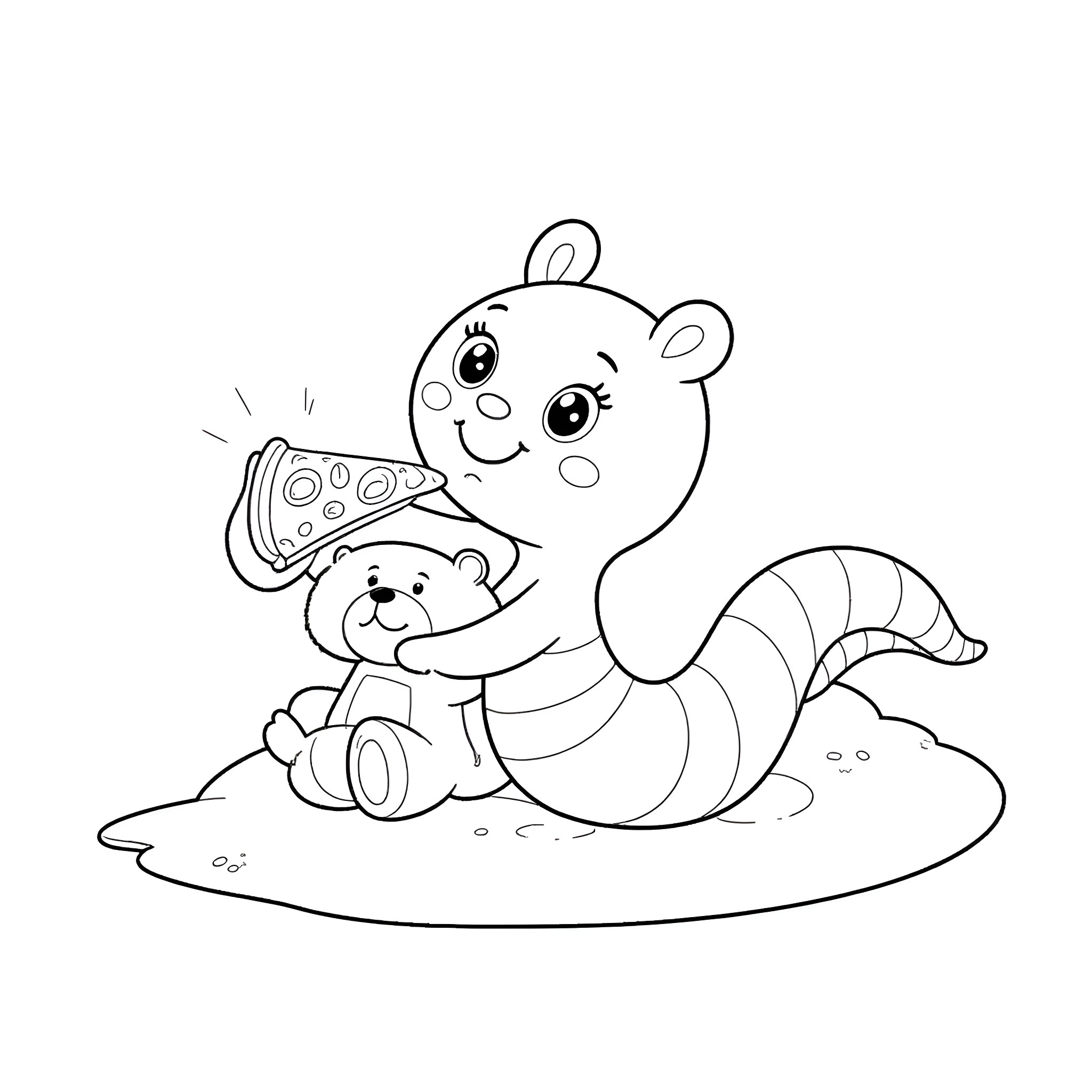 Worm feeding a happy teddy bear Coloring Page (free black-and-white line drawing printable PDF for all, from beginners to advanced learners, including children, teens, adults, and seniors)