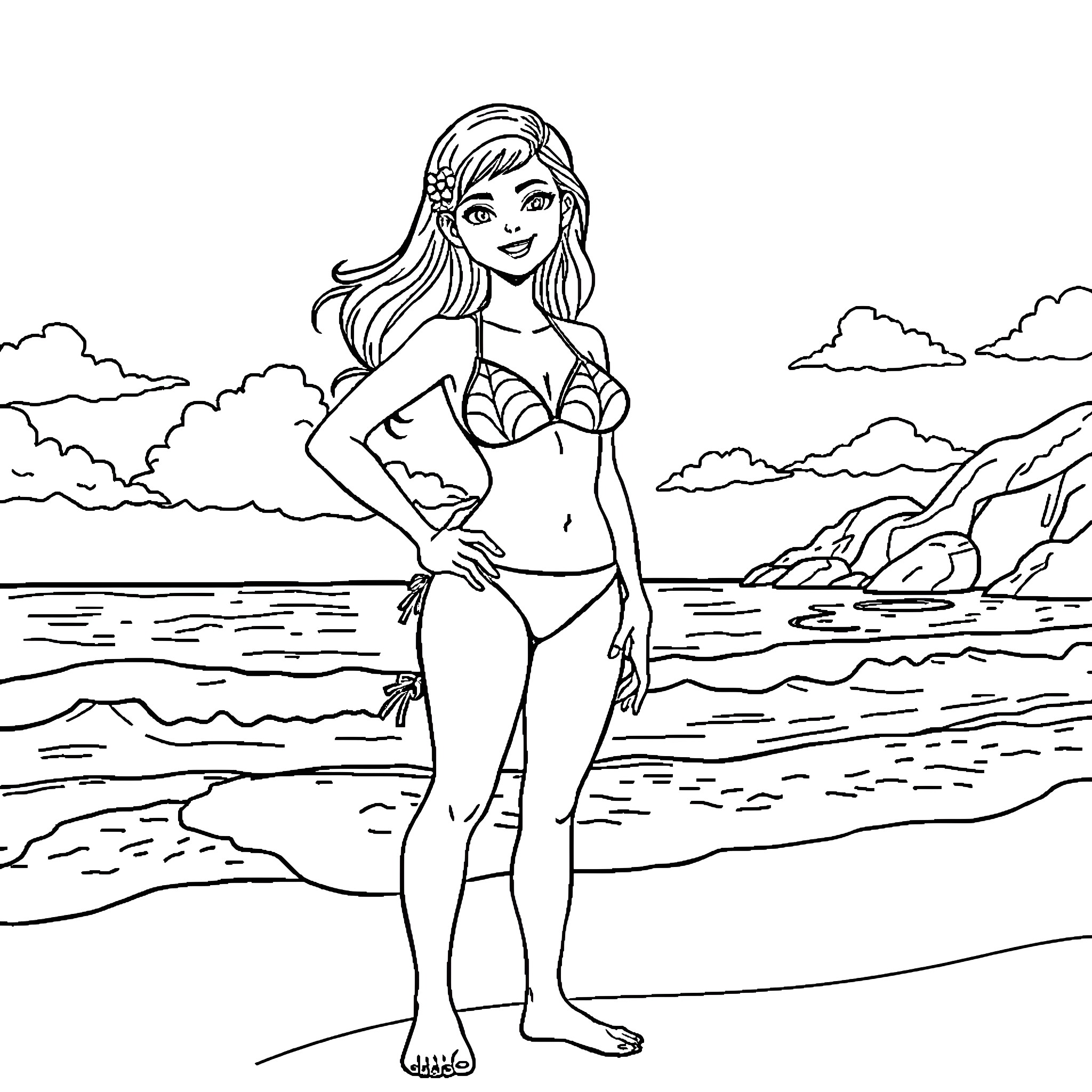Girl in a Bikini Posing by the Seaside Coloring Page (free black-and-white line drawing printable PDF for all, from beginners to advanced learners, including children, teens, adults, and seniors)