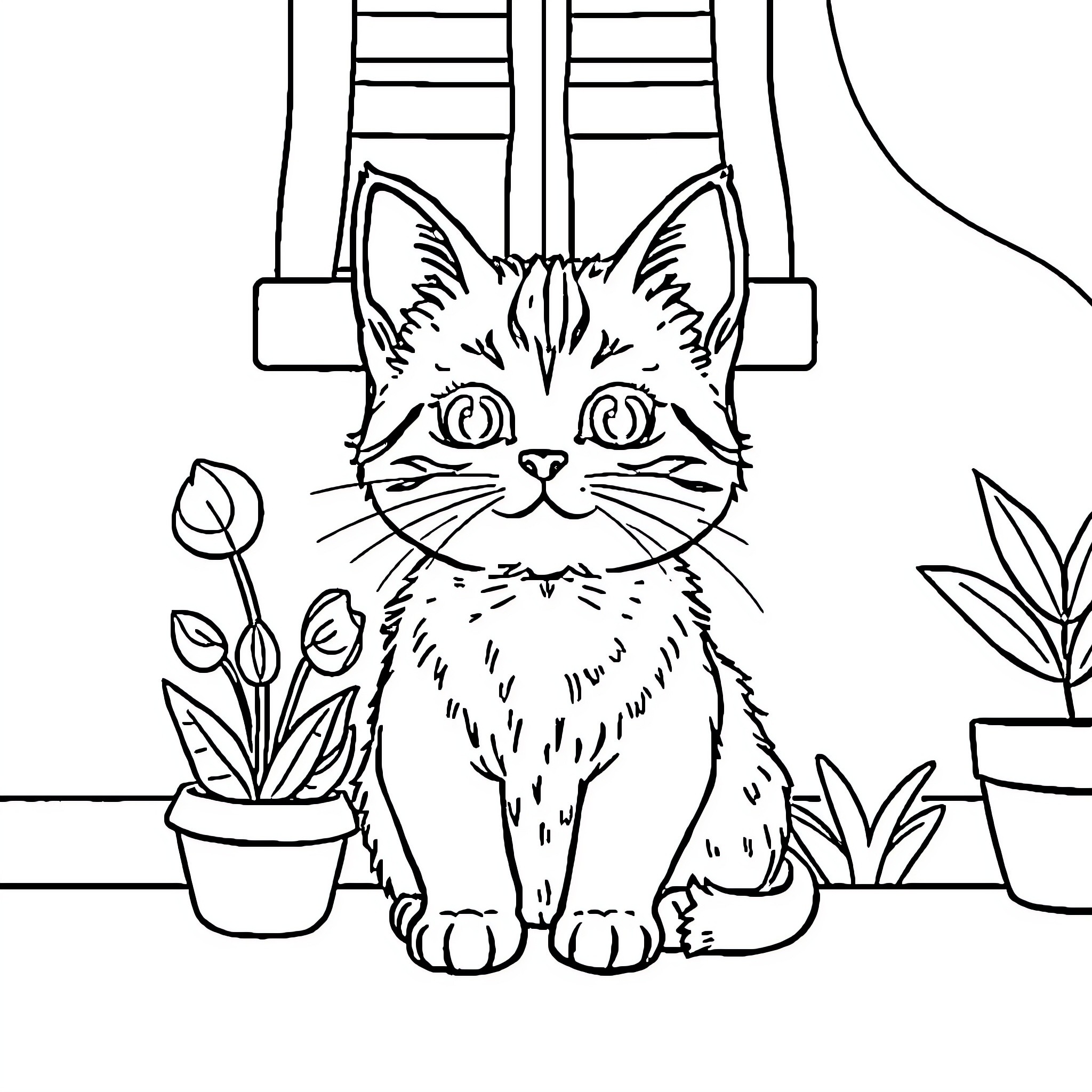 Cat sitting on ladder in room with plants Coloring Page (free black-and-white line drawing printable PDF for all, from beginners to advanced learners, including children, teens, adults, and seniors)