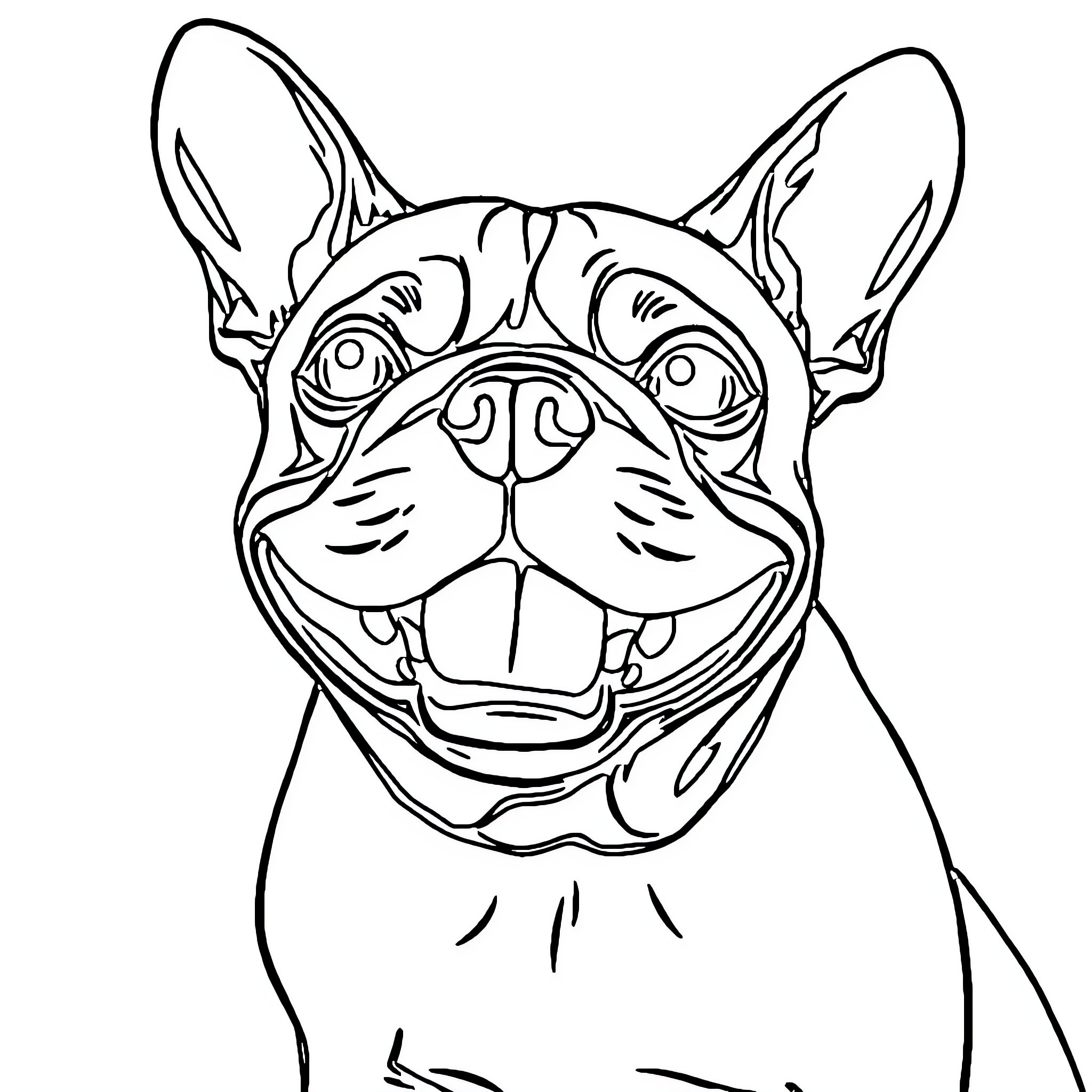 French Bulldog with a cheerful expression Coloring Page (free black-and-white line drawing printable PDF for all, from beginners to advanced learners, including children, teens, adults, and seniors)