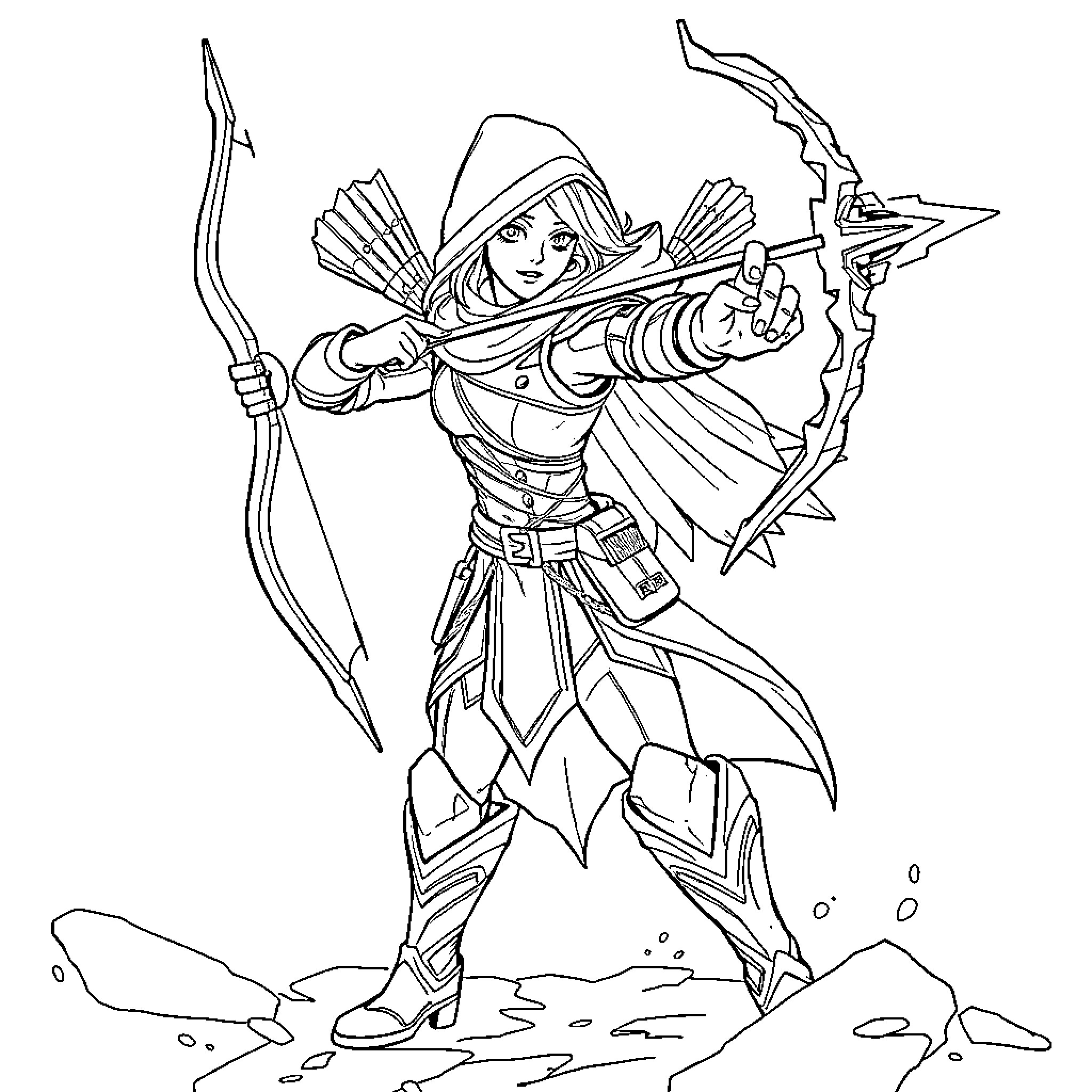 Ashe the Archer in Action Pose Coloring Page (free black-and-white line drawing printable PDF for all, from beginners to advanced learners, including children, teens, adults, and seniors)