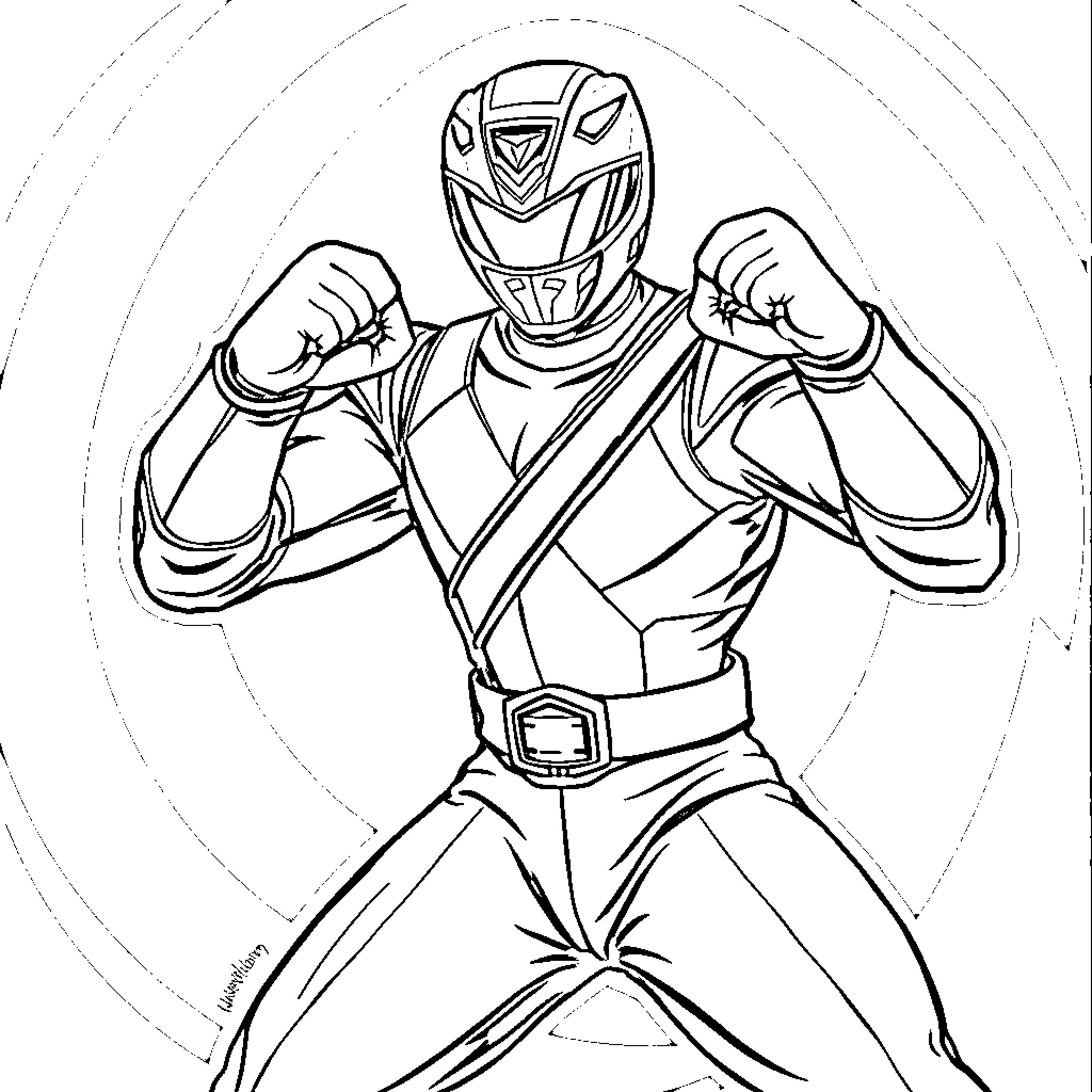 Power Ranger in fighting stance with fists raised Coloring Page (free black-and-white line drawing printable PDF for all, from beginners to advanced learners, including children, teens, adults, and seniors)