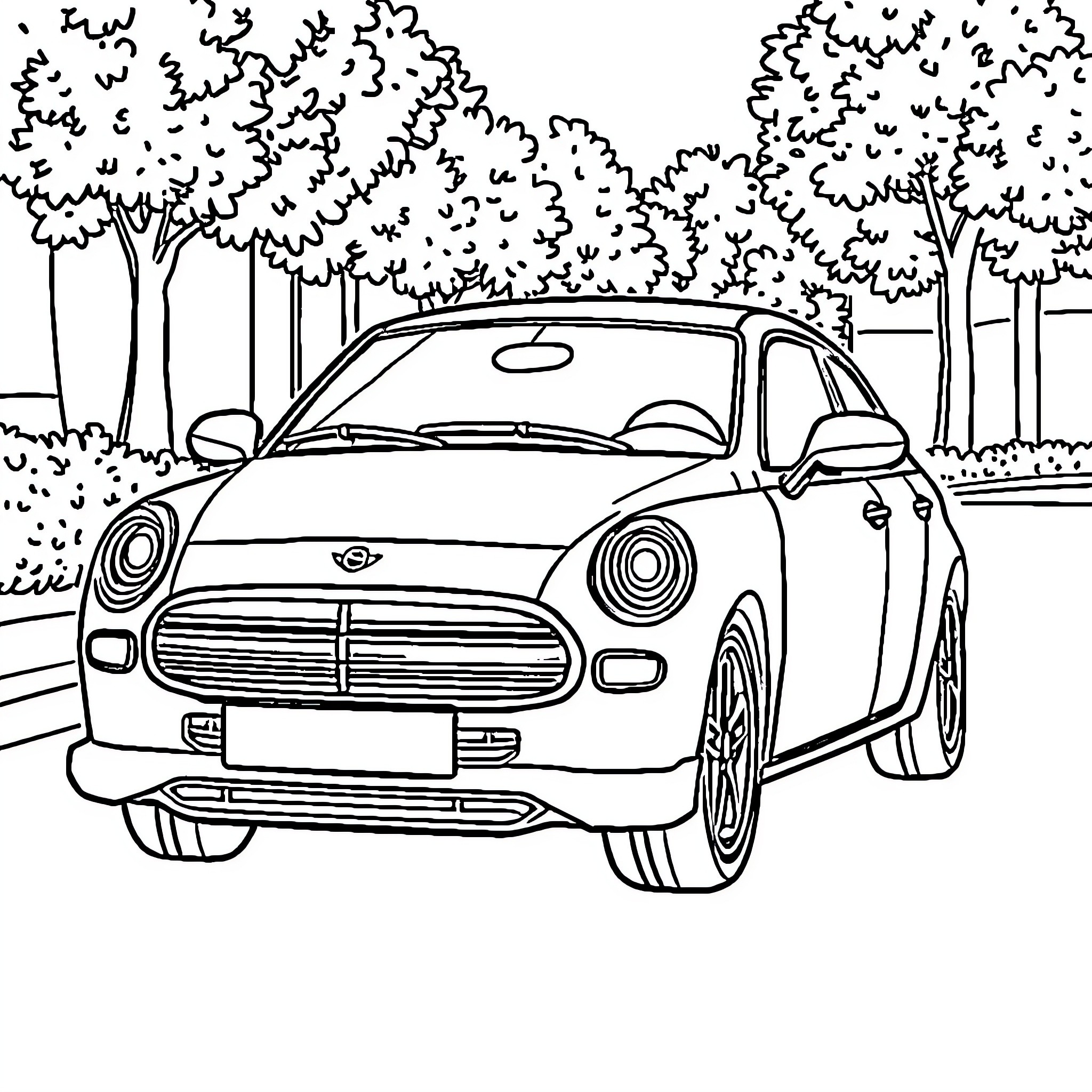 Car driving through scenic forest landscape Coloring Page (free black-and-white line drawing printable PDF for all, from beginners to advanced learners, including children, teens, adults, and seniors)