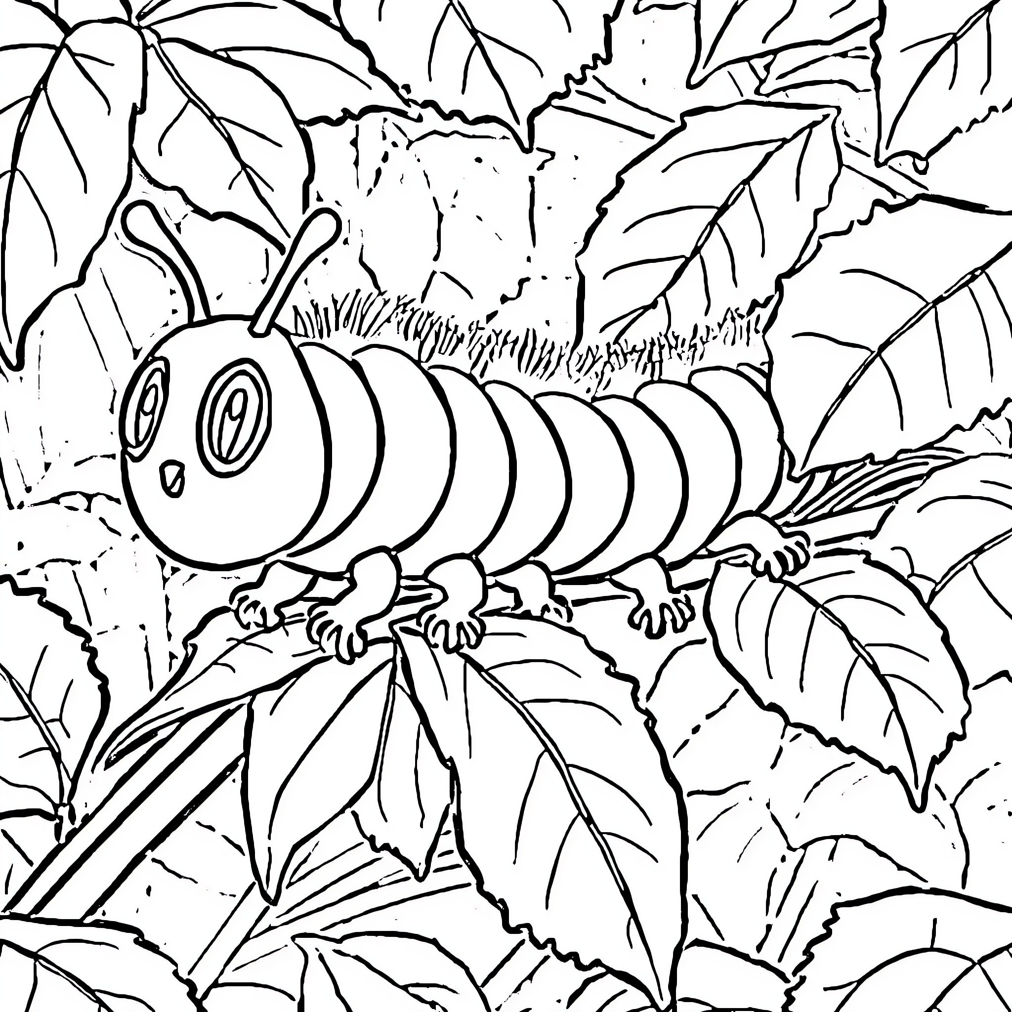 Caterpillar exploring leafy foliage Coloring Page (free black-and-white line drawing printable PDF for all, from beginners to advanced learners, including children, teens, adults, and seniors)